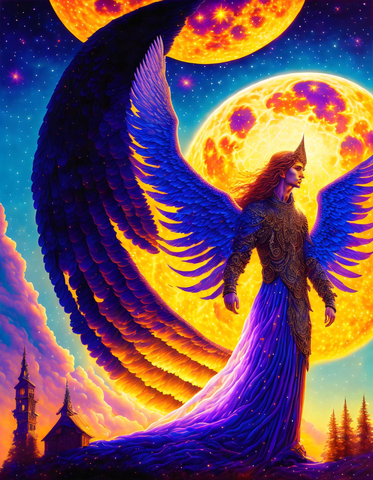 Majestic angel with expansive wings in surreal dual moon setting