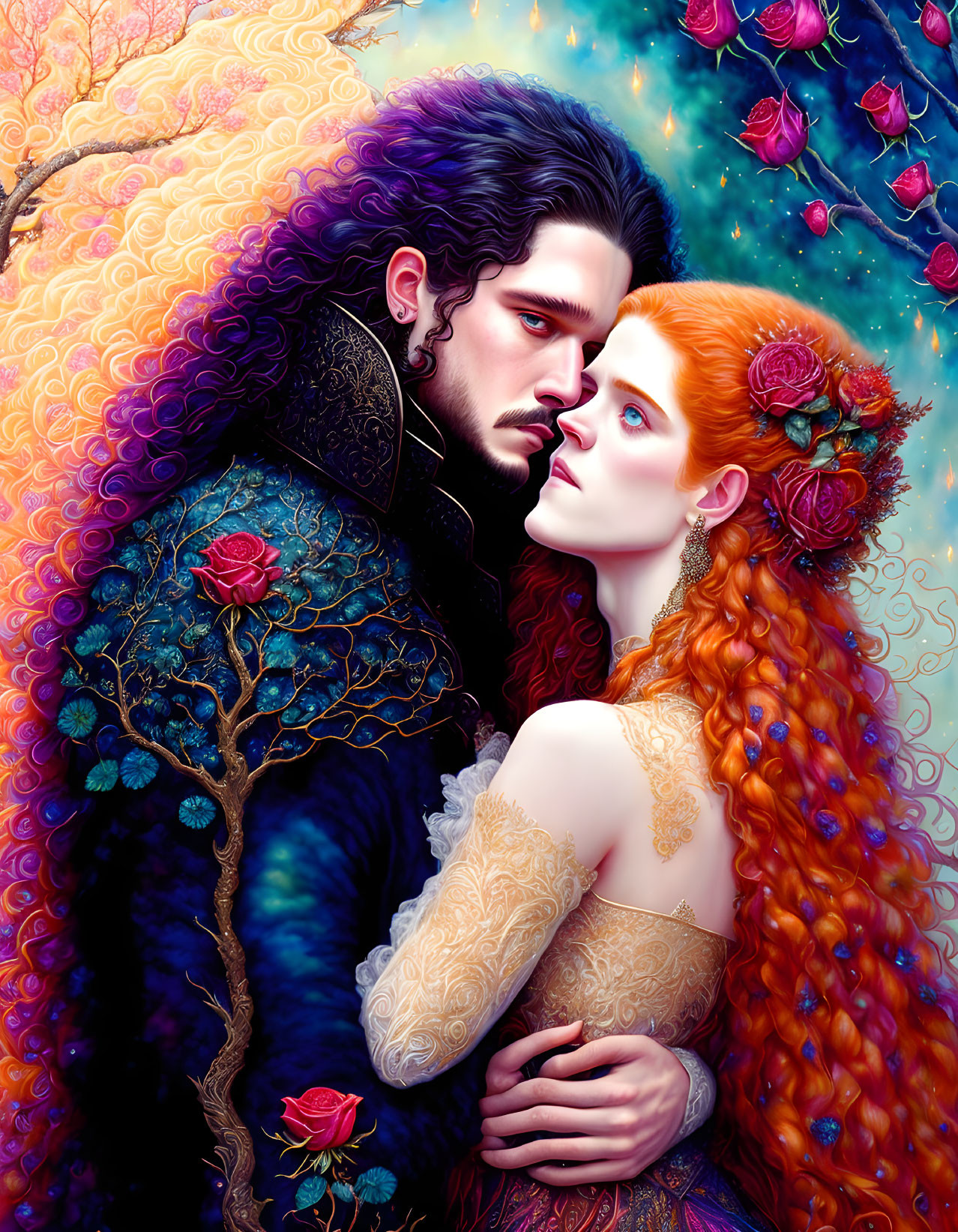 Colorful Illustration of Intimate Moment with Elaborate Clothing and Floral Background