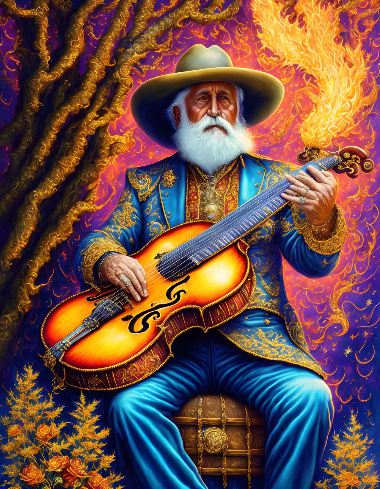 Elderly man in wide-brimmed hat plays guitar amid fiery patterns