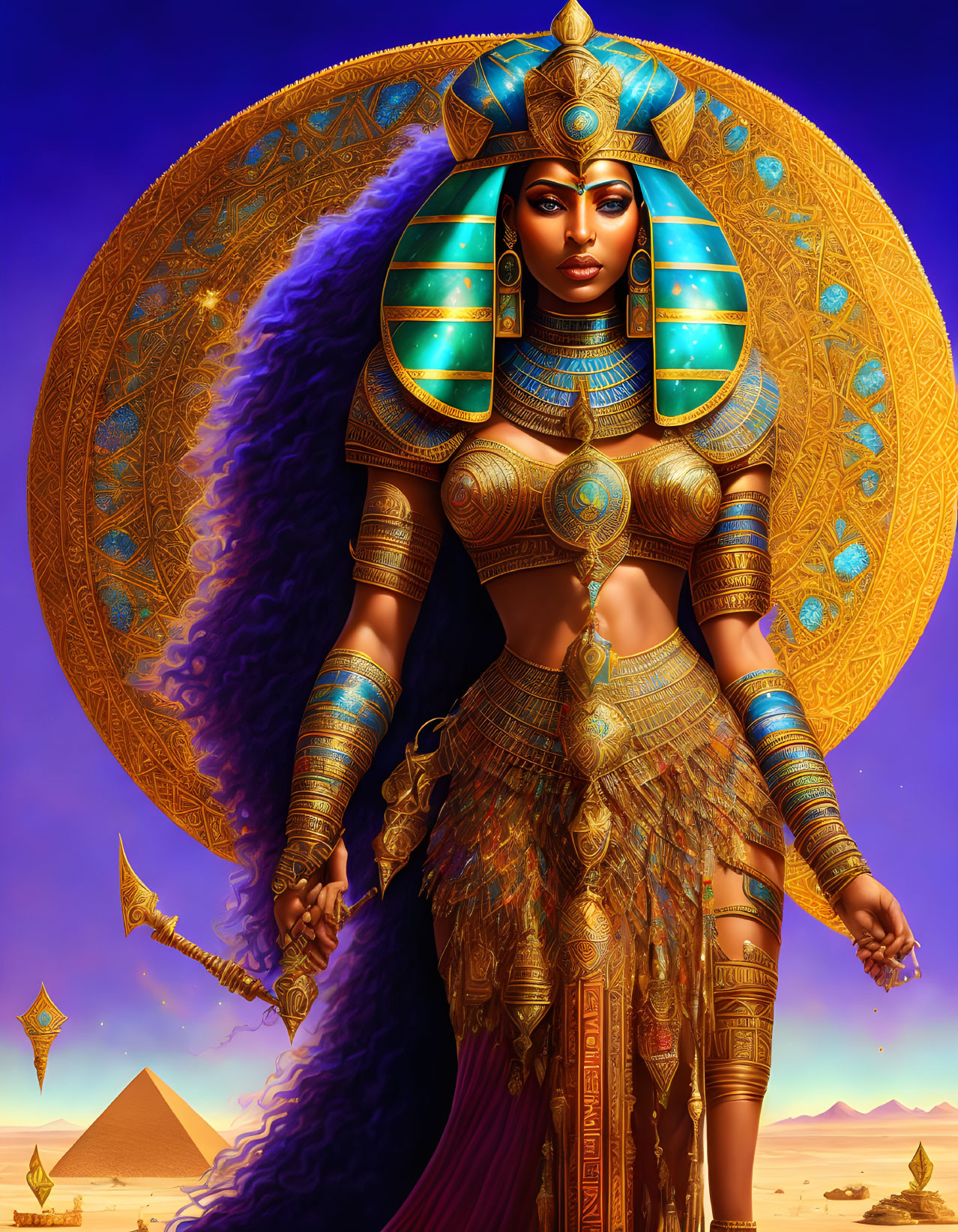 Detailed Egyptian queen illustration with gold jewelry in desert setting