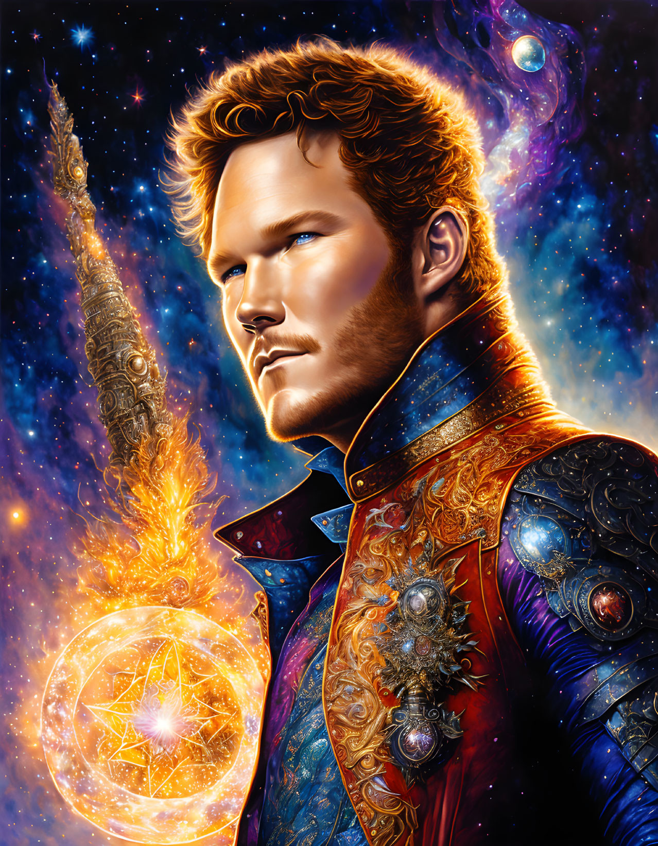 Illustrated portrait of man with cosmic background and spaceship launch.