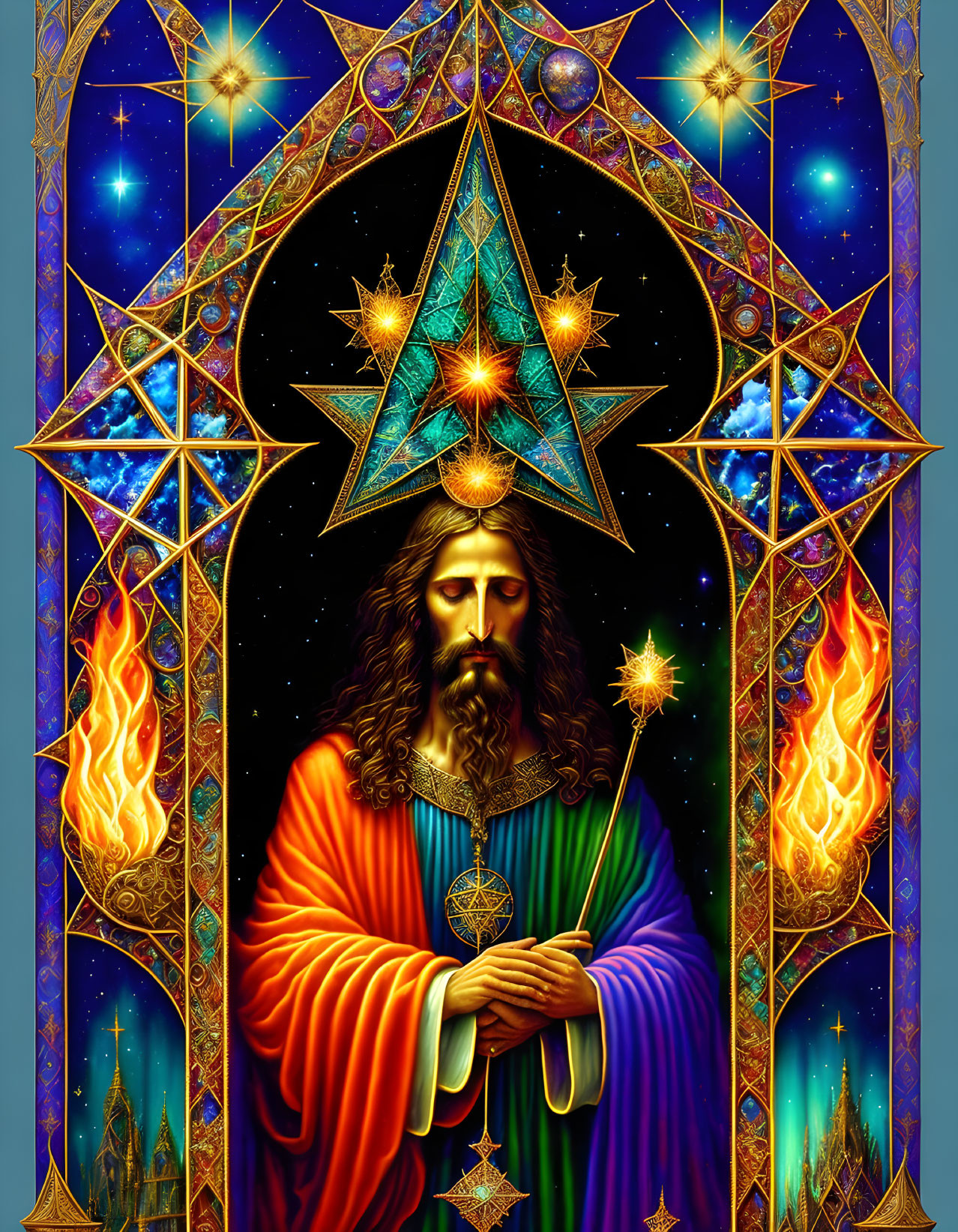 Colorful artwork of figure with flowing hair, robes, scepter, and geometric shape in fiery,