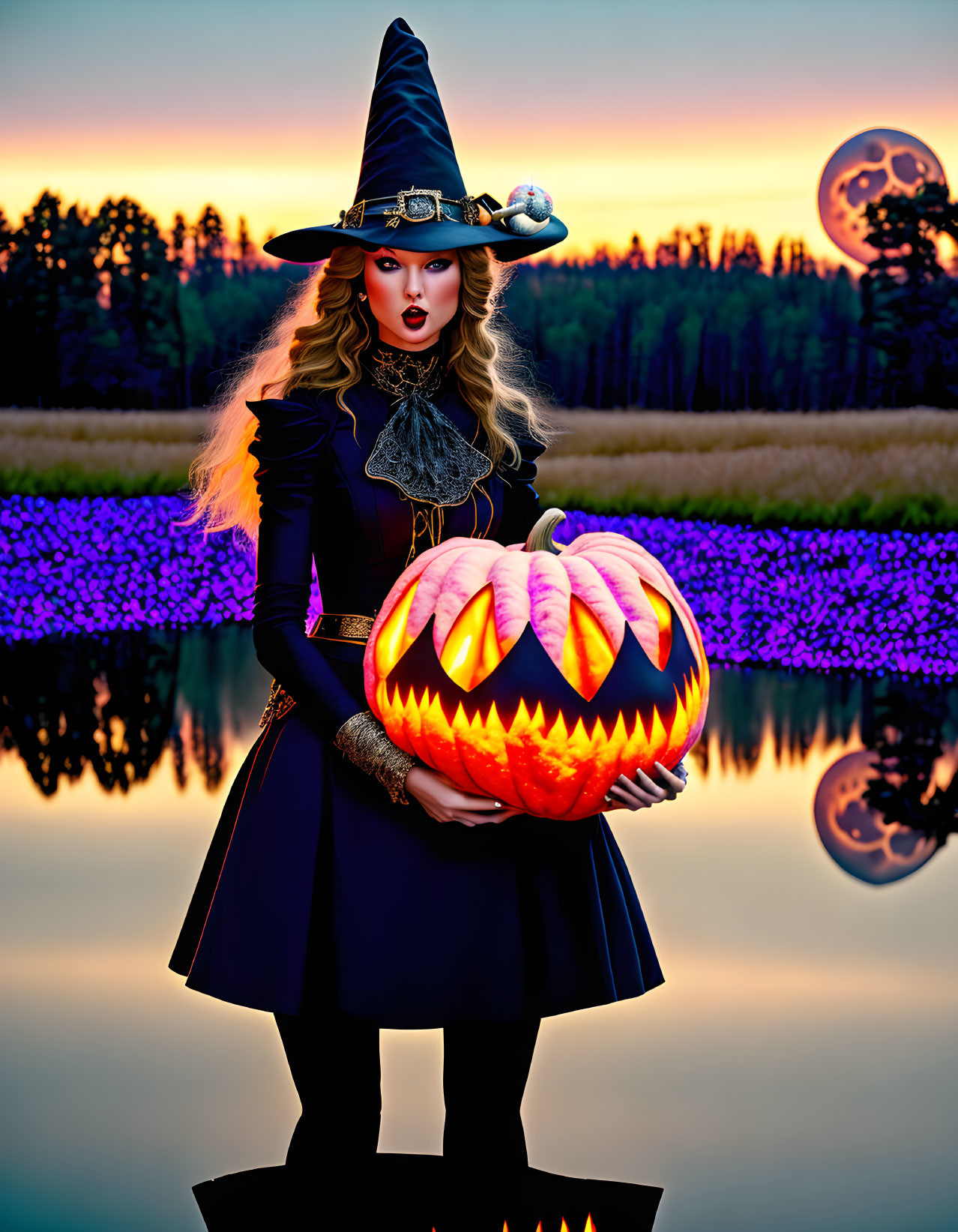 Witch with Jack-o'-lantern by Water at Twilight