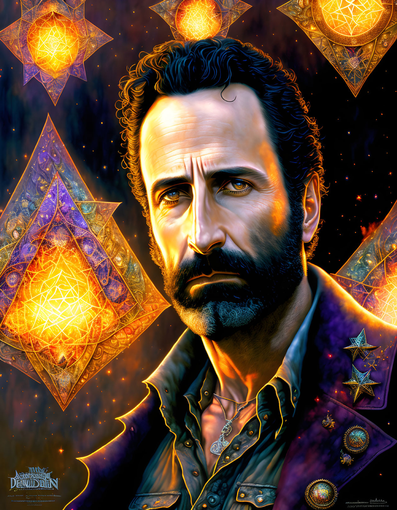 Bearded man in star jacket on cosmic backdrop