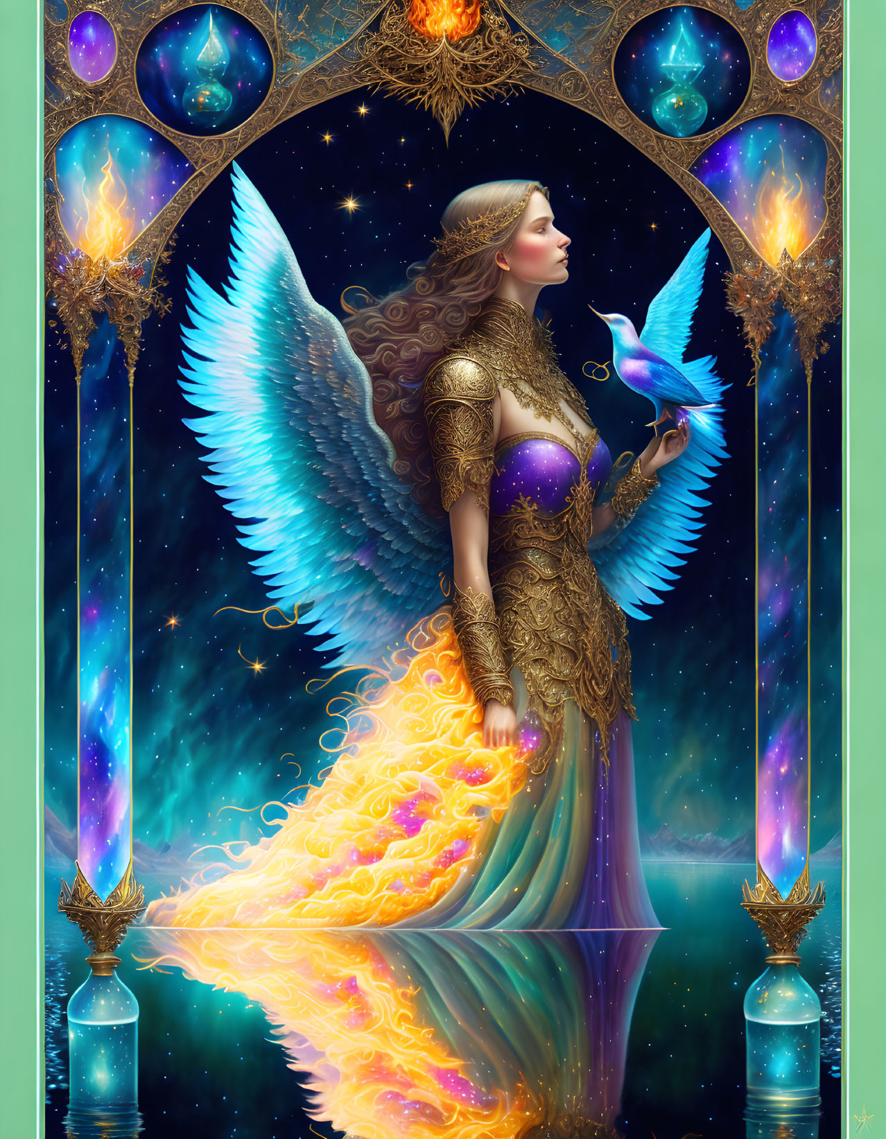 Blue-winged woman in golden armor with cosmic elements.