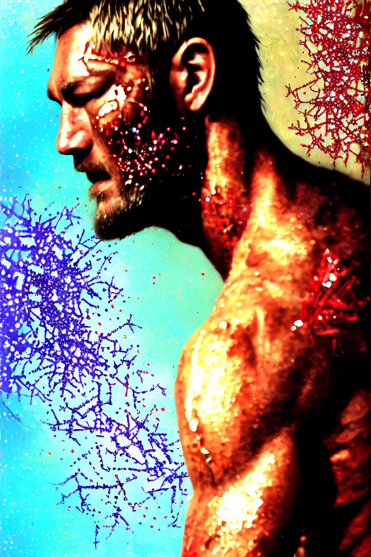 Shirtless man with gritty expression covered in vibrant blue and red paint