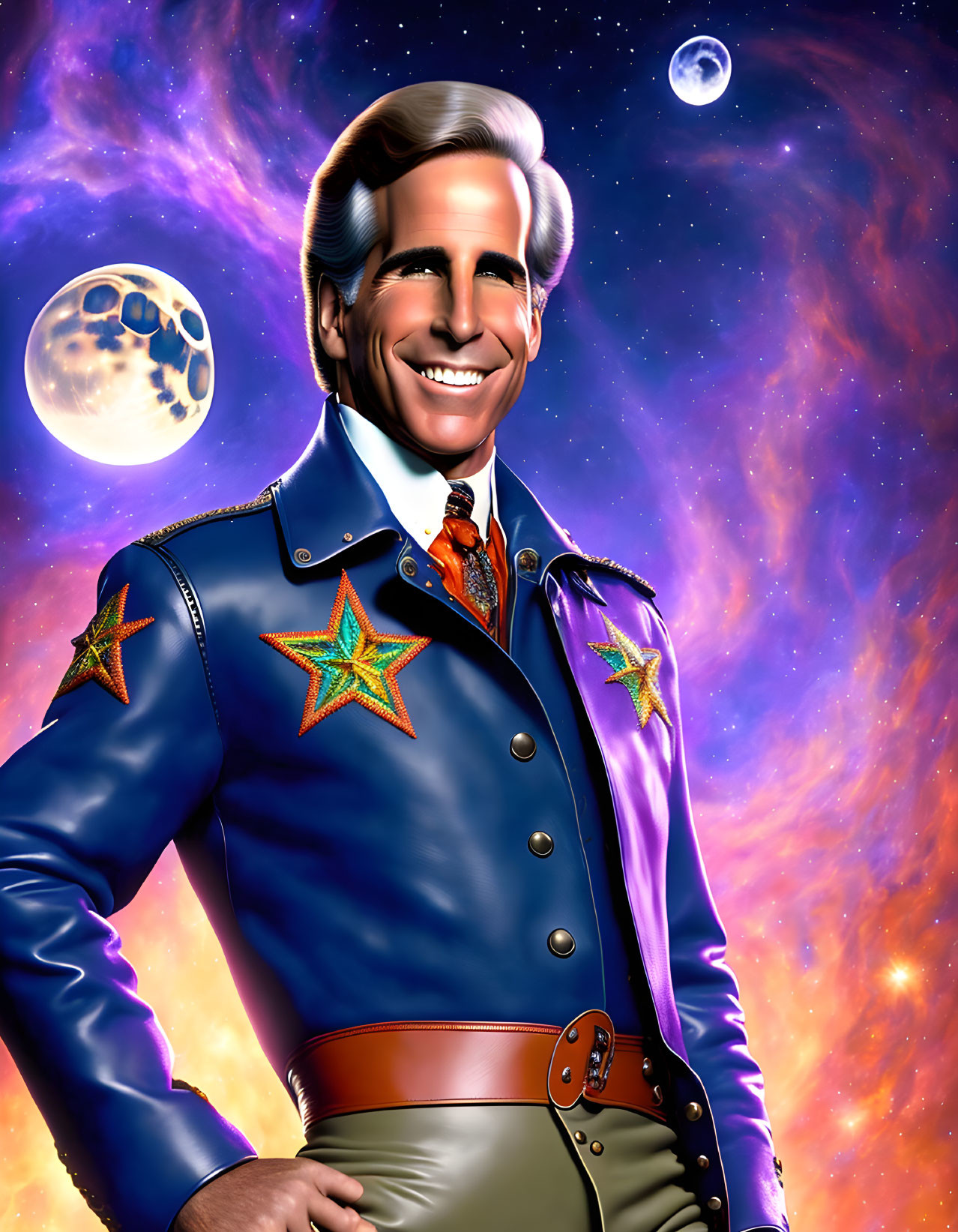 Smiling man in blue uniform with grey hair against cosmic backdrop