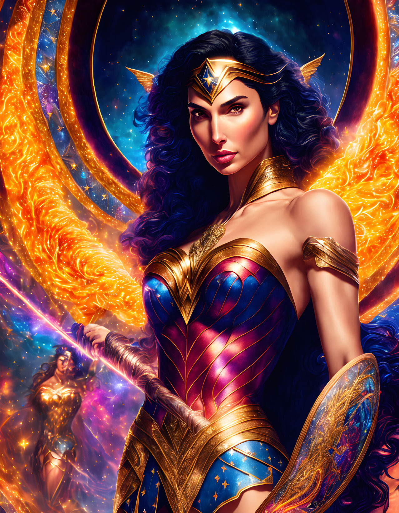 Female superhero with golden tiara, sword, and shield in cosmic setting