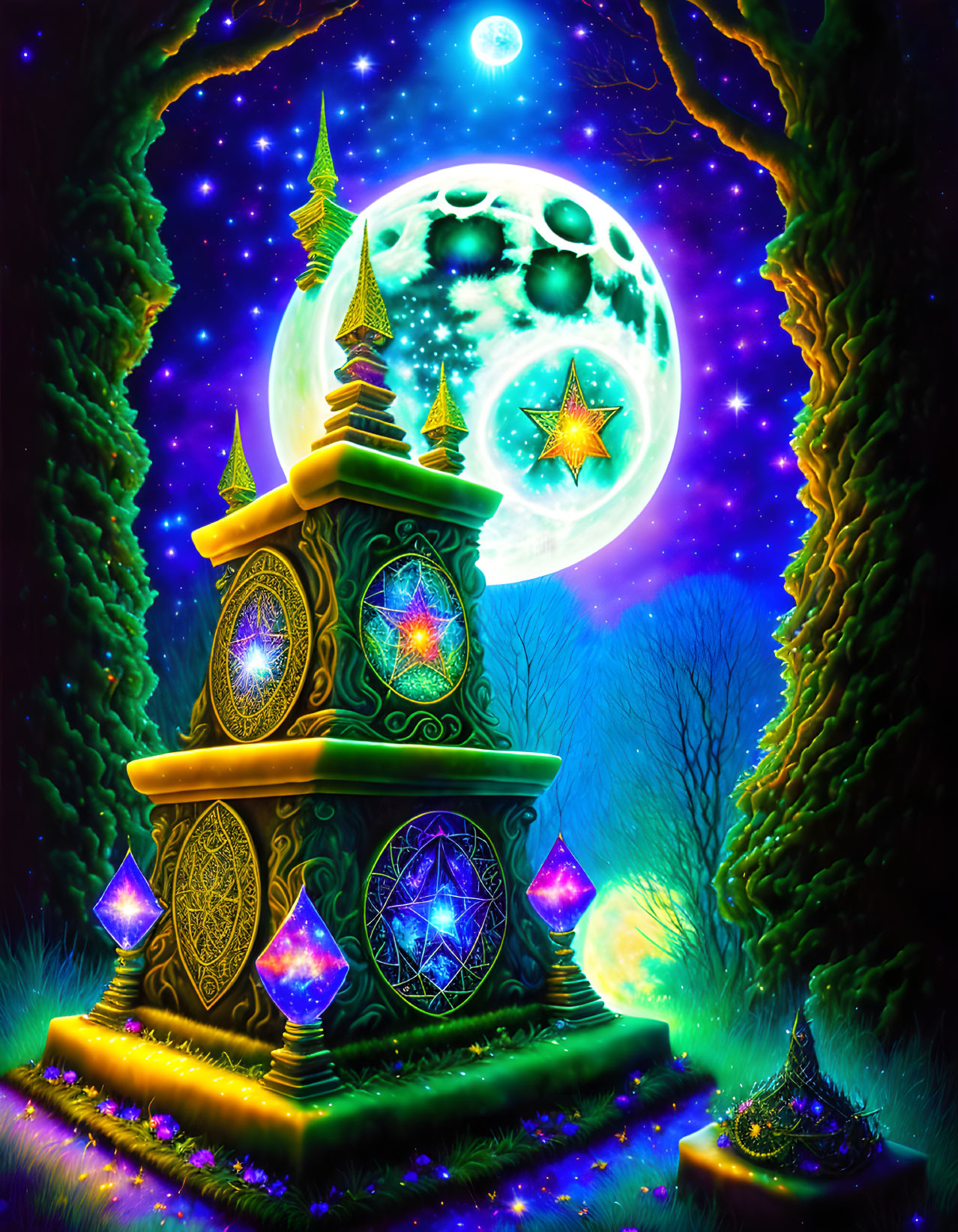 Fantasy-inspired illustration: Ornate clock with glowing symbols under starry sky