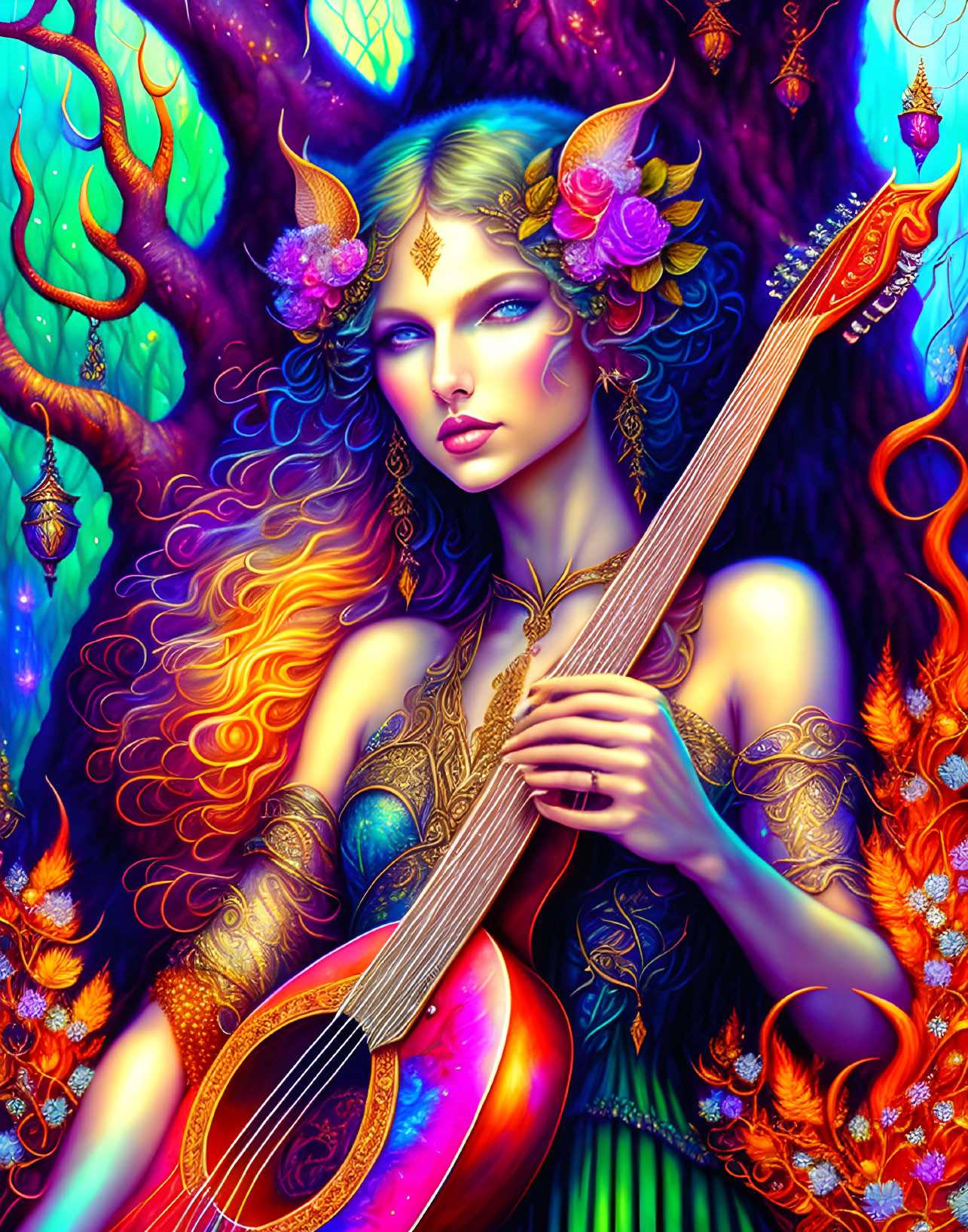 Fantasy illustration of a horned woman with a lute in a colorful setting