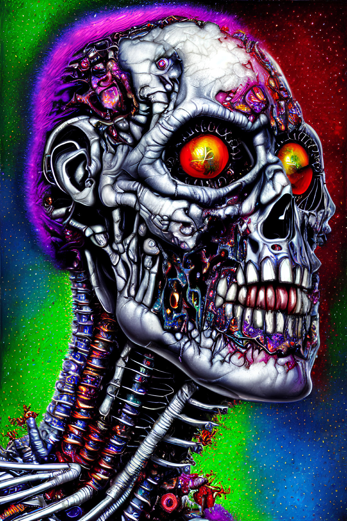 Colorful surreal cybernetic skull with orange eyes on cosmic backdrop