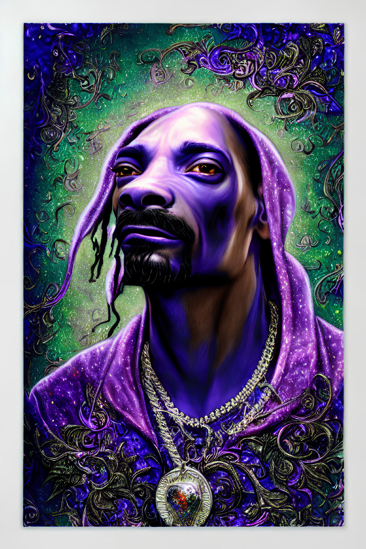 Stylized portrait of a man in purple hood with glowing green and purple patterns