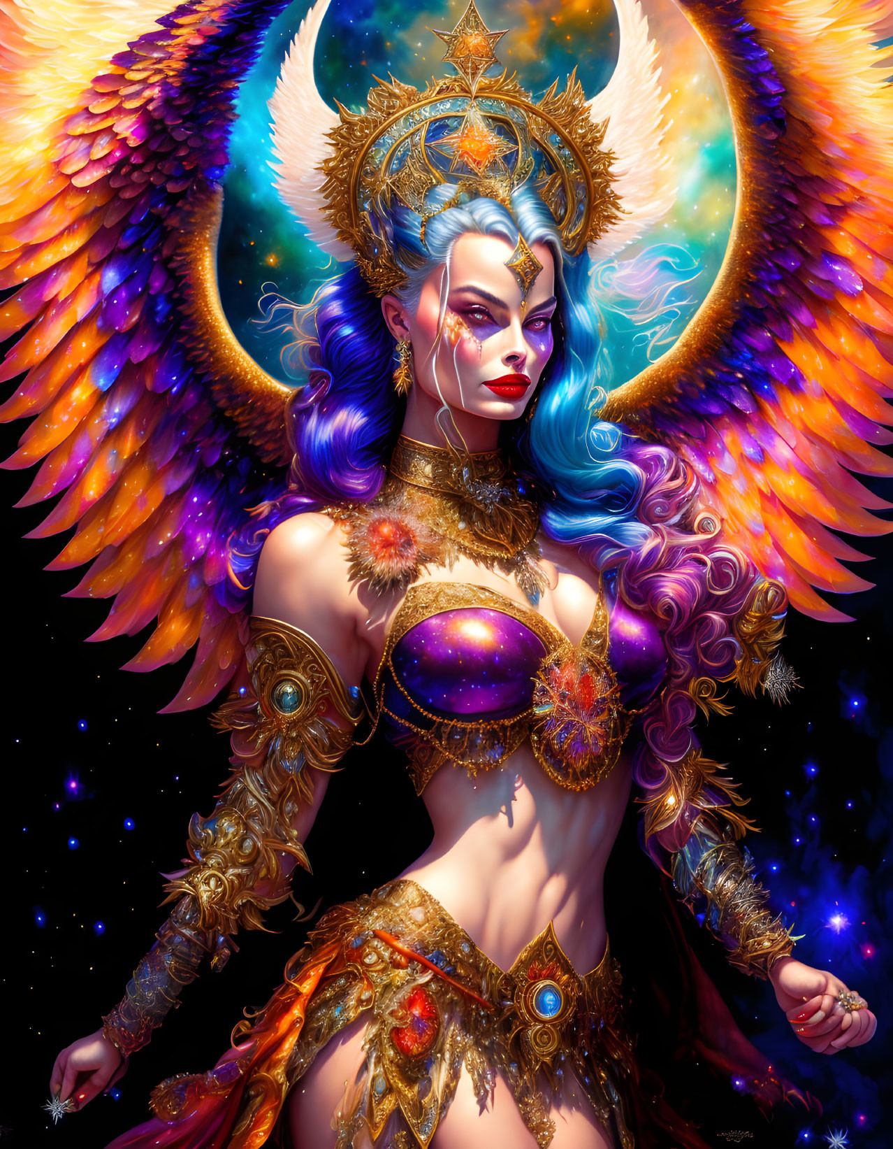 Colorful mythical figure with multicolored wings and golden armor in celestial setting