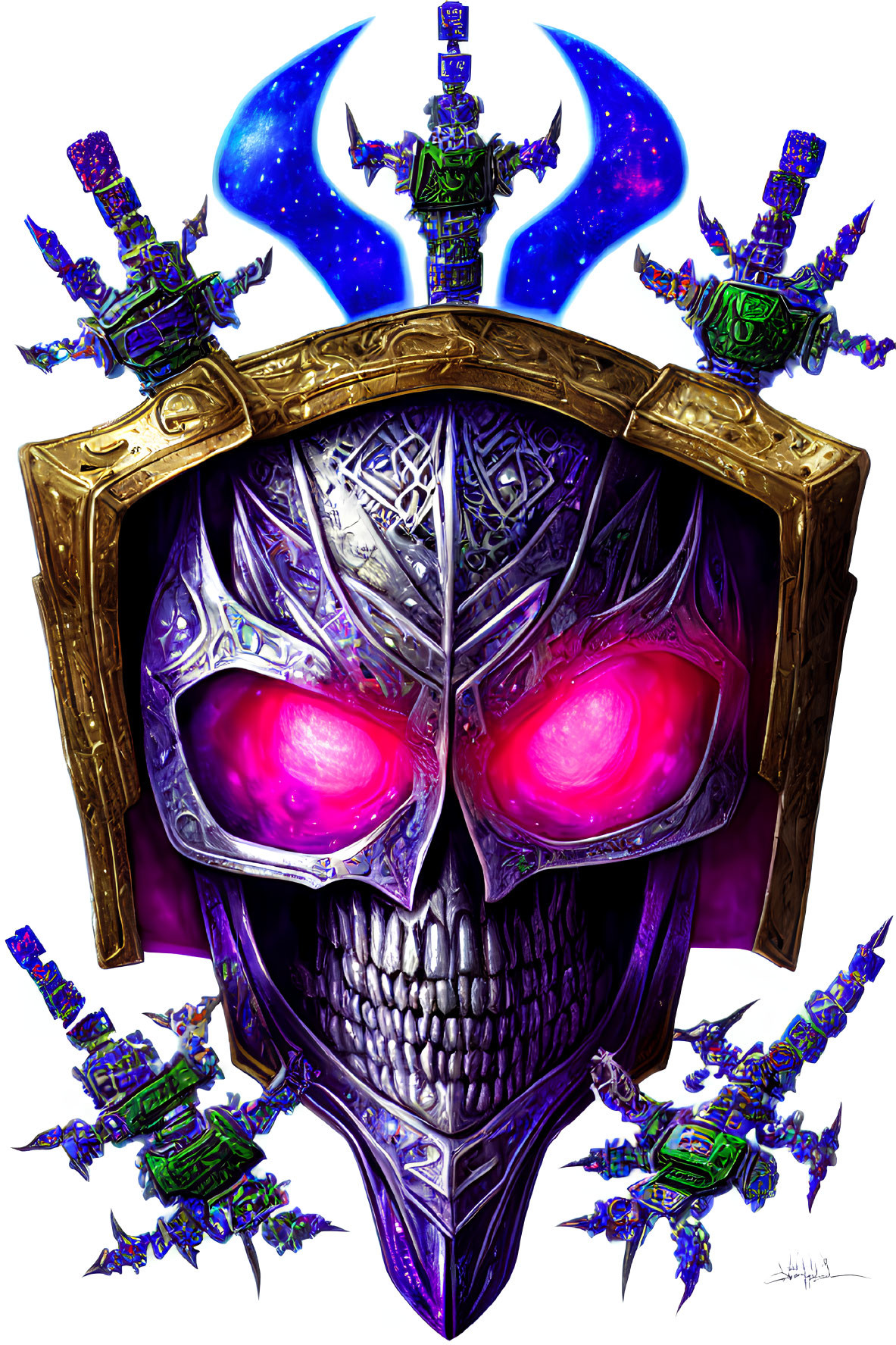 Fantasy Artwork: Skull with Ornate Helmet & Floating Swords