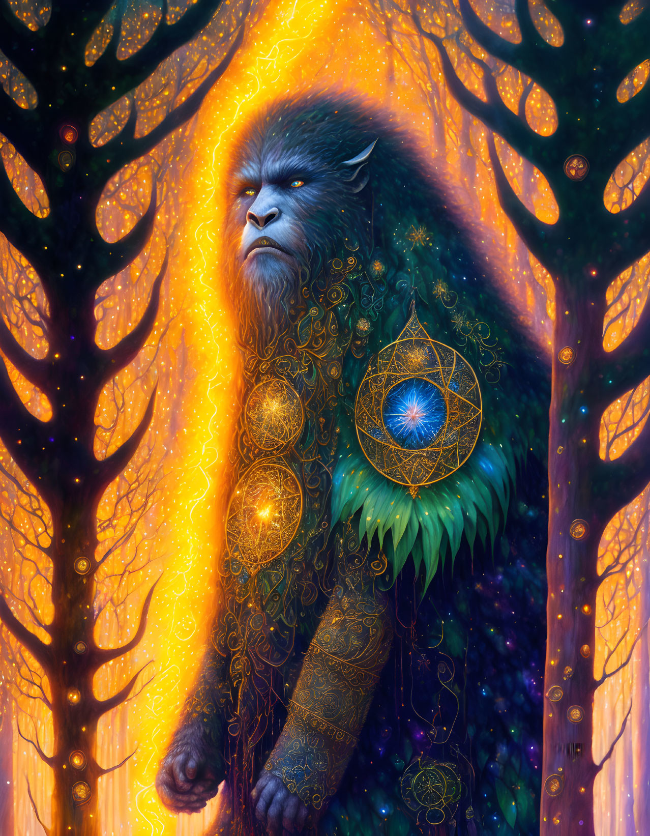 Mystical ape-like creature with golden fur in enchanted forest