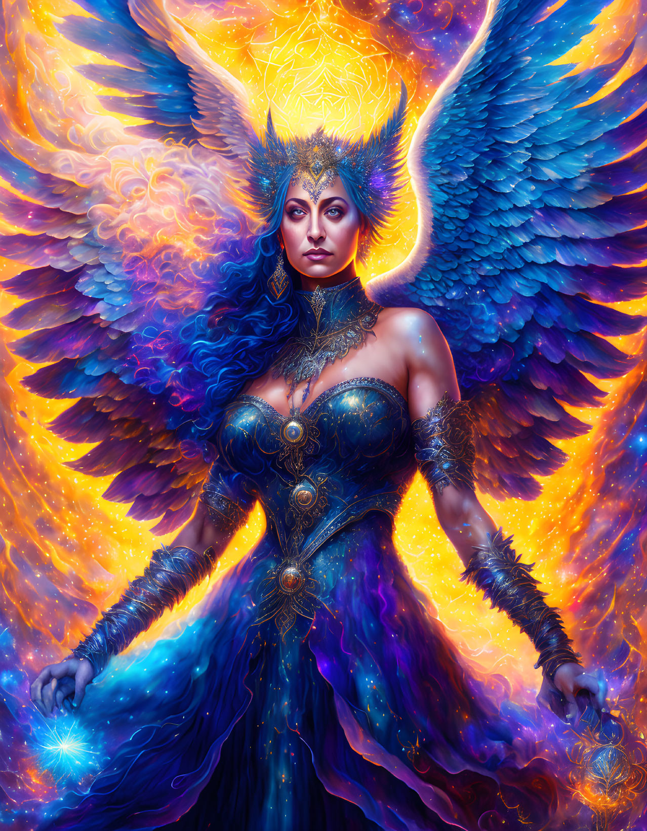 Blue-winged fantastical being in cosmic dress with glowing orb and fiery aura