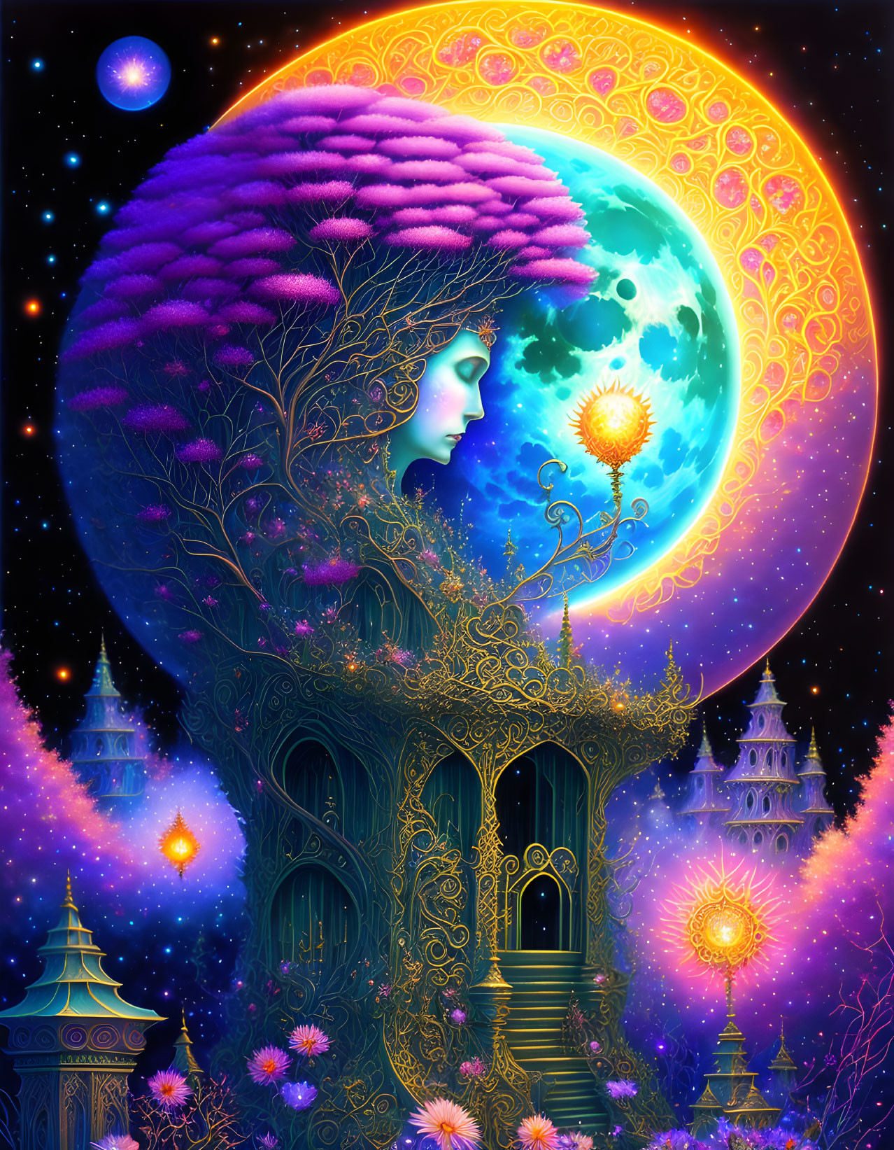 Artwork: Woman's silhouette in tree with full moon, ornate patterns, and fantastical architecture