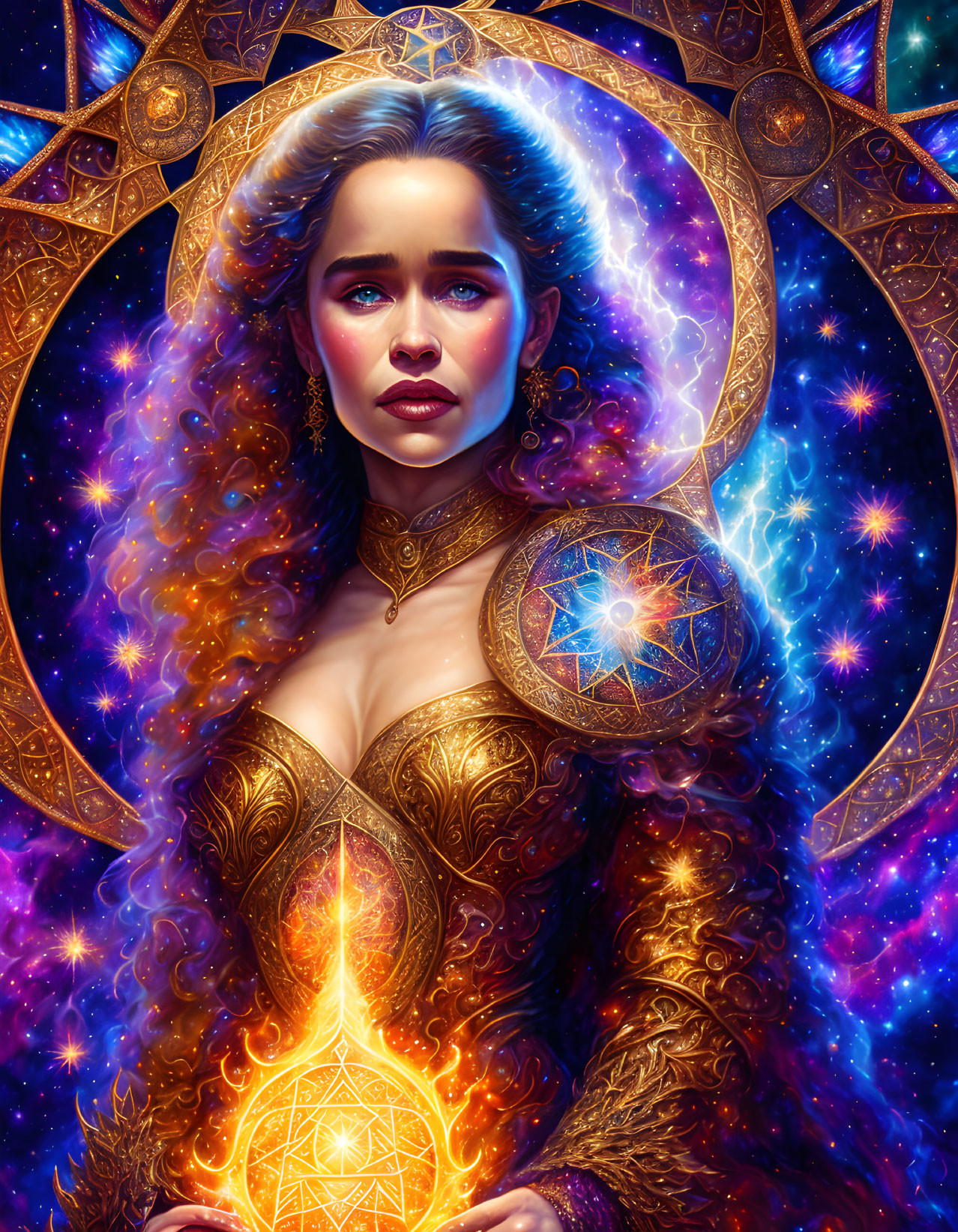 Cosmic-themed portrait of a woman with long curly hair and golden attire in mystical space setting