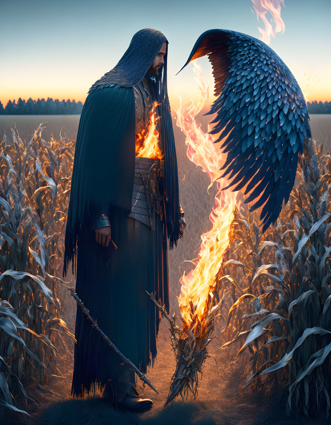 Cloaked figure in cornfield faces flaming phoenix at dusk