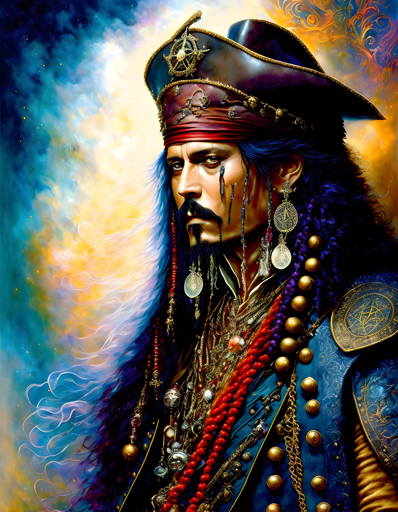 Fictional pirate captain portrait with tricorne hat and jewelry