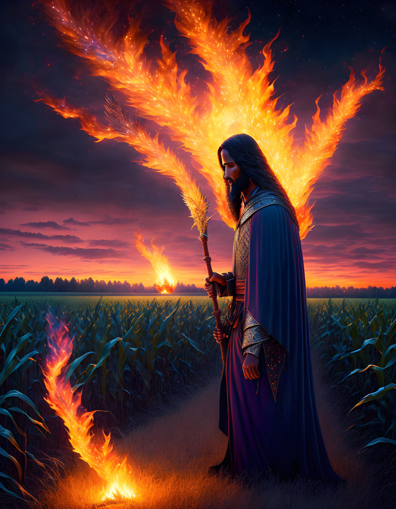 Majestic figure in blue robe with blazing staff and phoenix in twilight cornfield