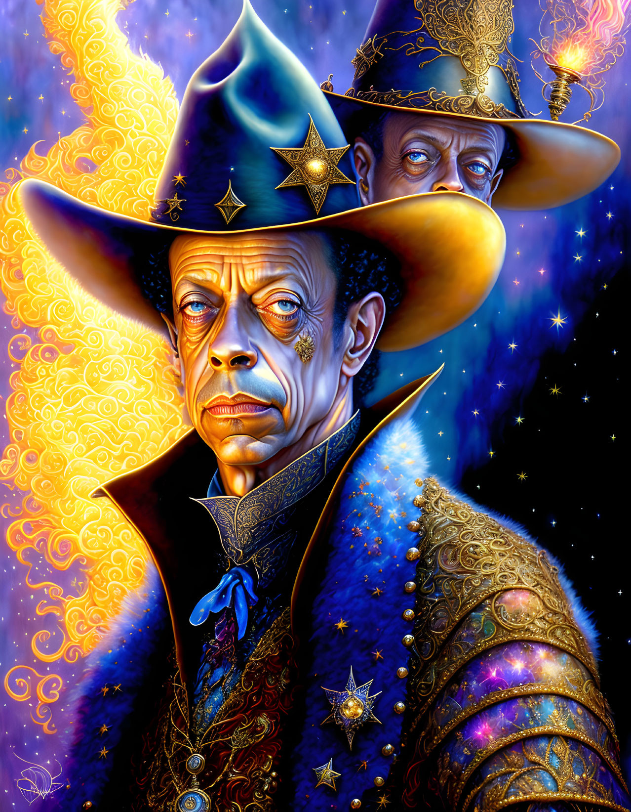 Colorful Illustration: Two Men in Celestial Cowboy Outfits