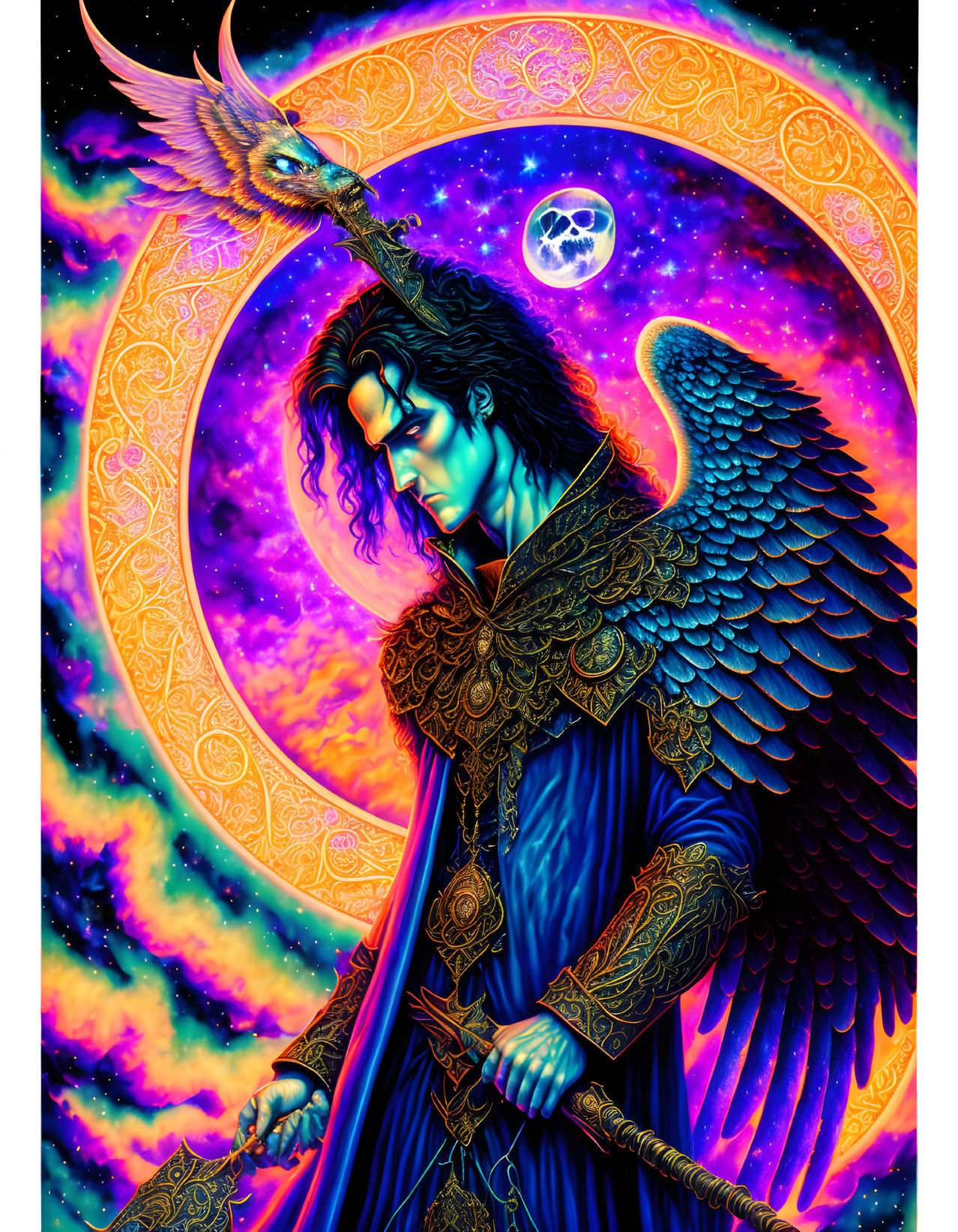 Colorful painting of winged man in regal attire with dragon staff on cosmic backdrop