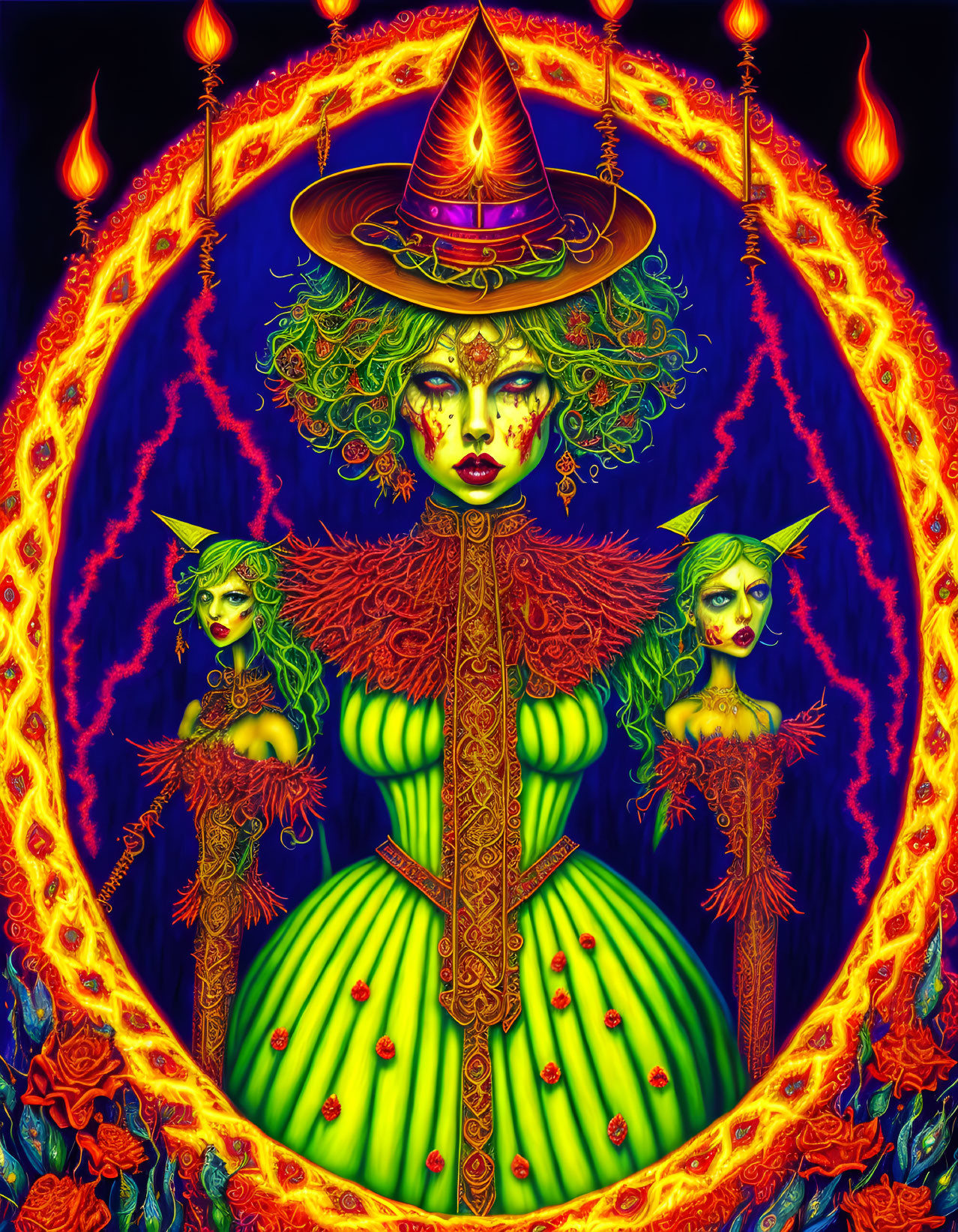 Colorful Artwork: Three Witches in Green, Fiery Circle