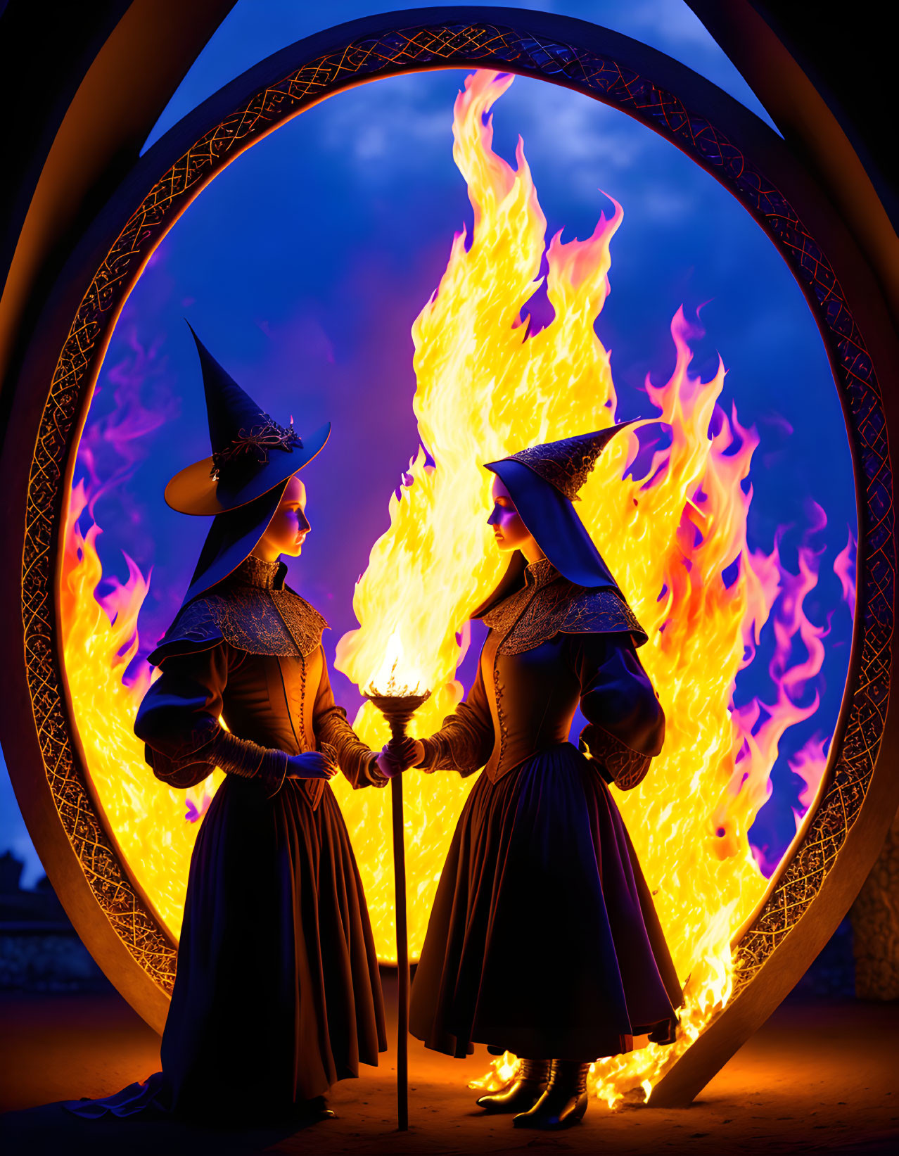 Two witches in pointed hats with staff and flame in medieval attire under twilight sky