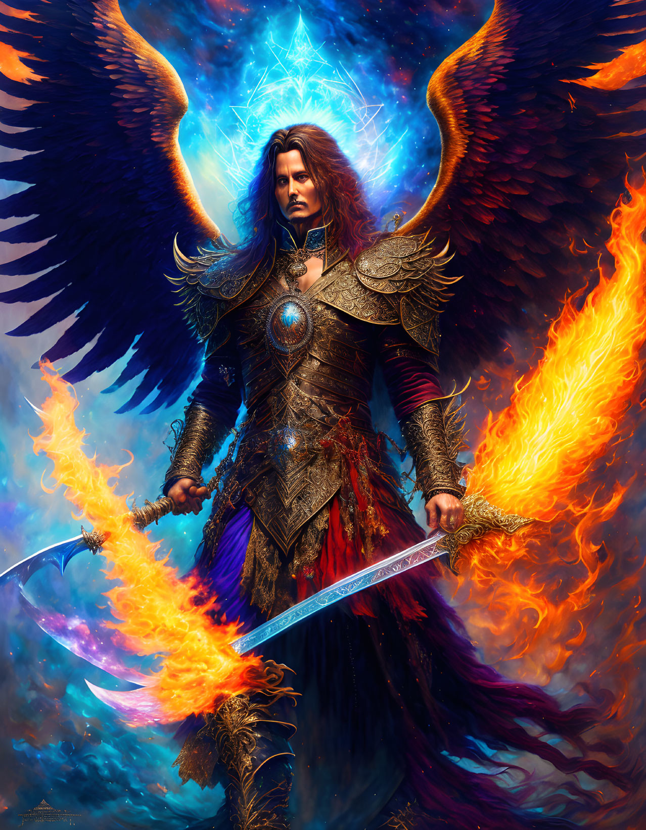 Majestic fantasy warrior with fiery wings and flaming sword in vibrant ethereal flames