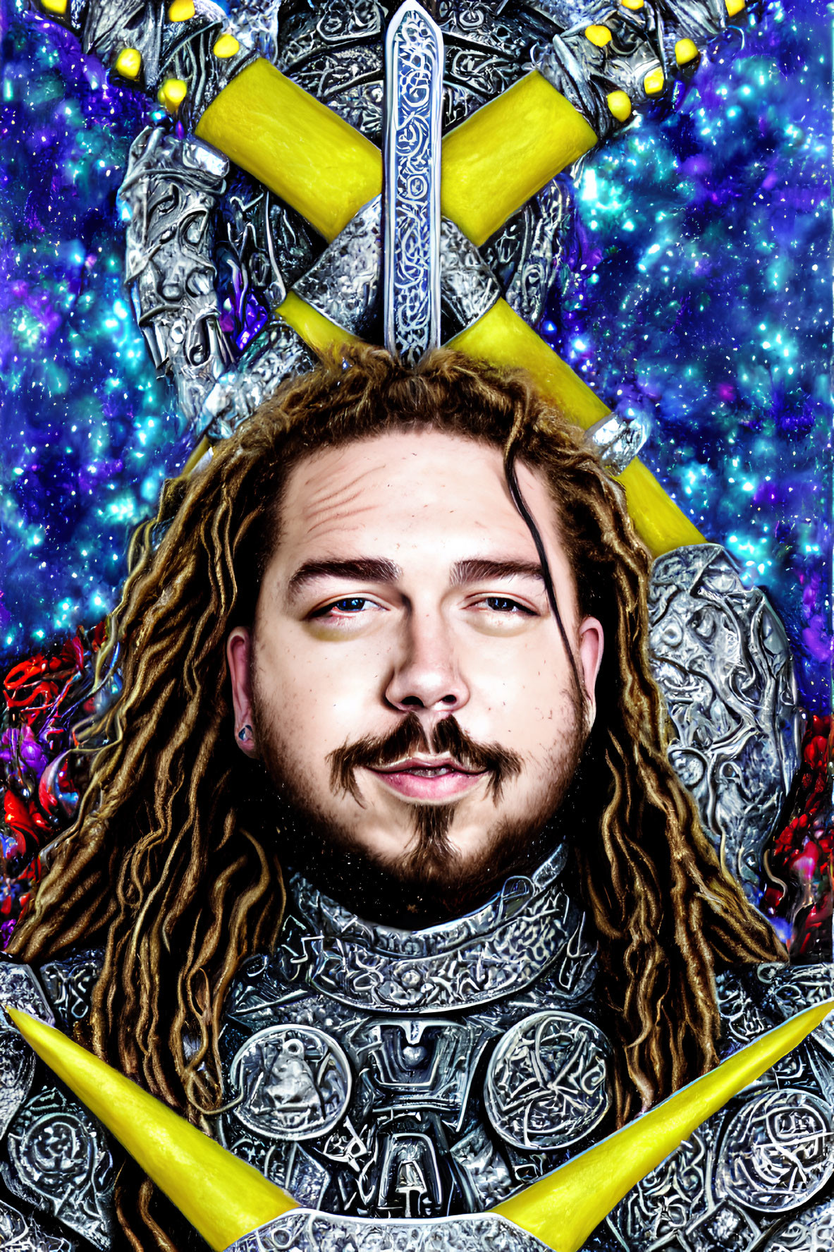 Stylized portrait of a man in armor with dreadlocks on cosmic background