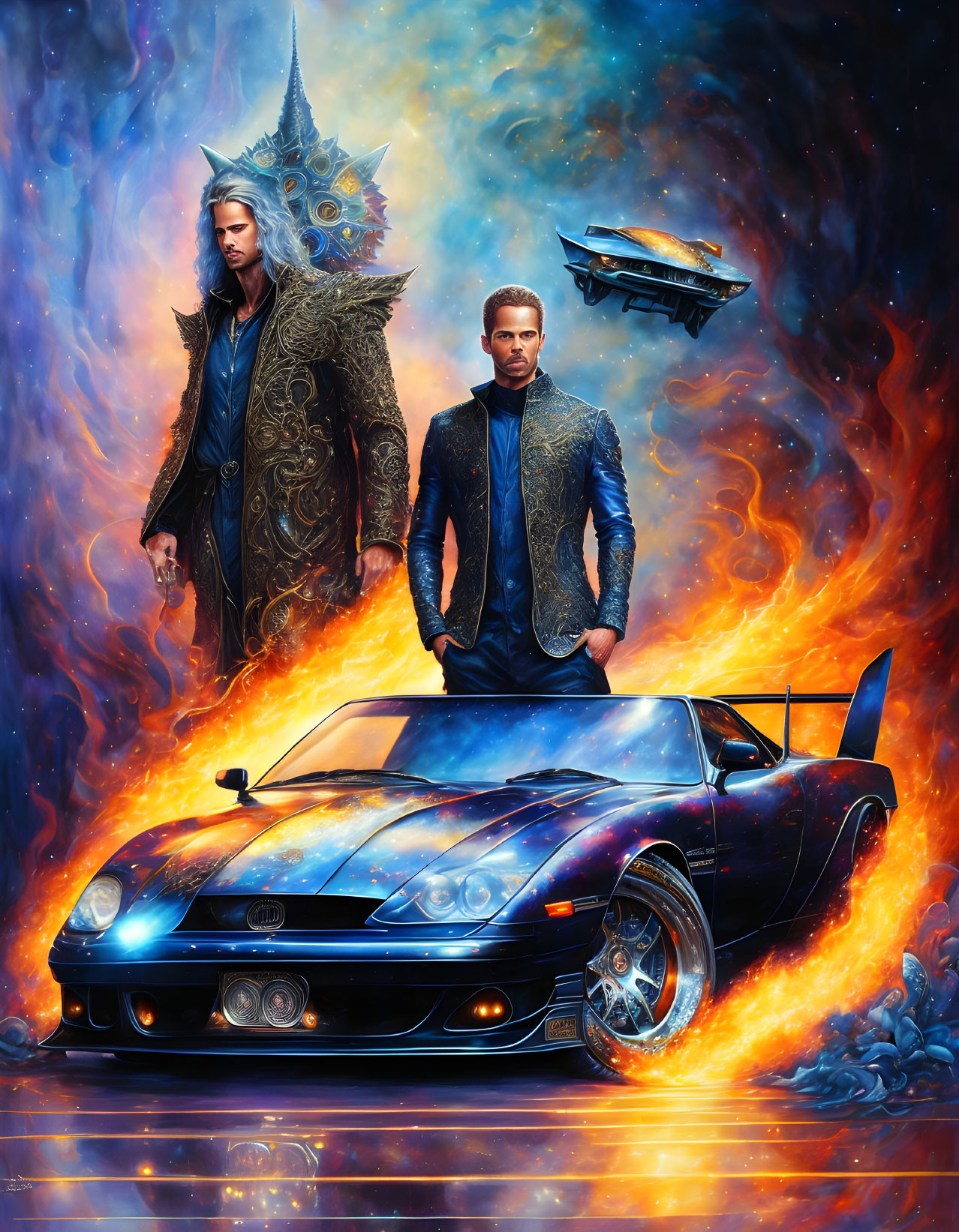 Fantasy artwork: Two men in stylish coats by classic sports car, cosmic backdrop with spaceship and vibrant