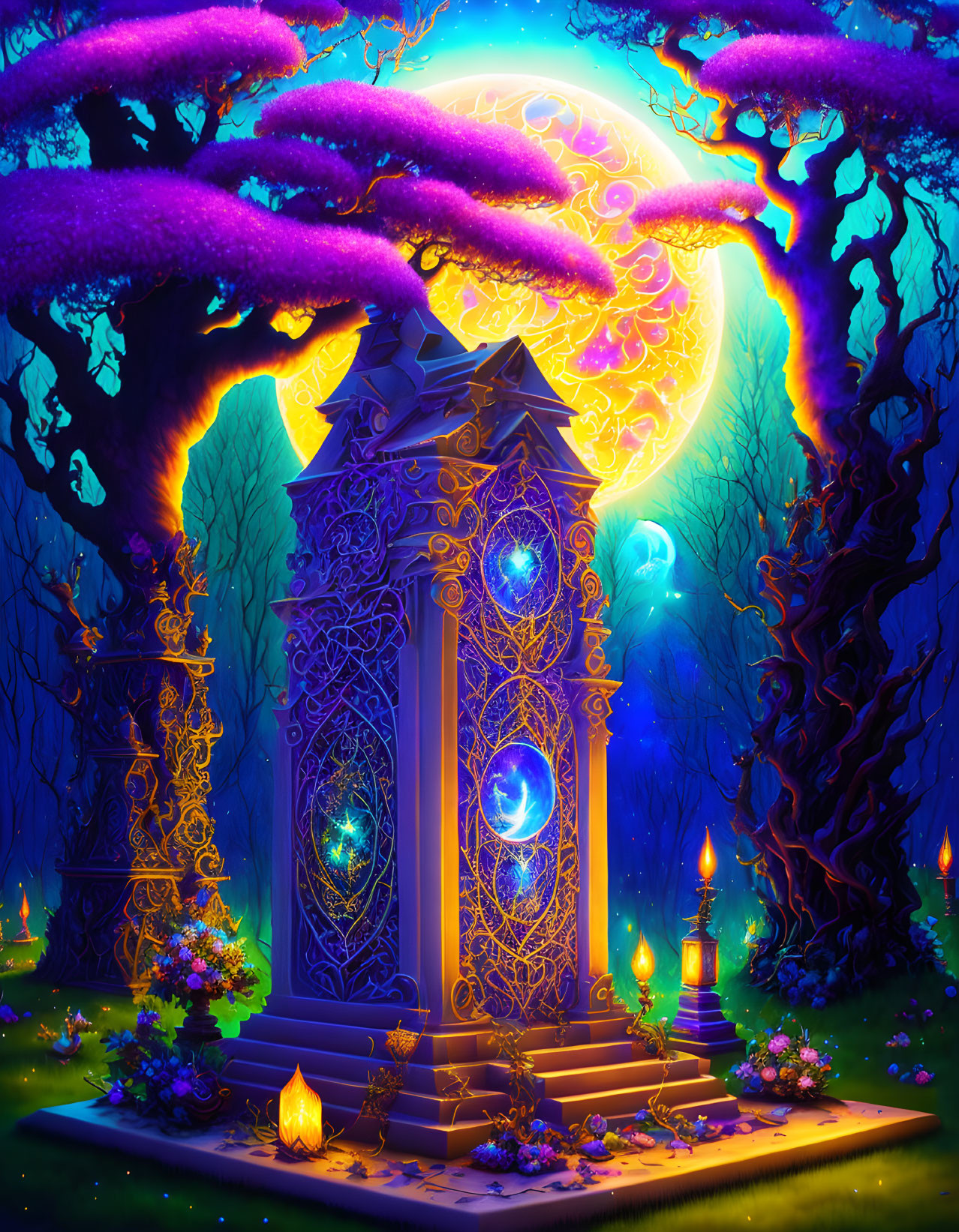 Enchanted forest at night with glowing gate, purple trees, moon, and lanterns