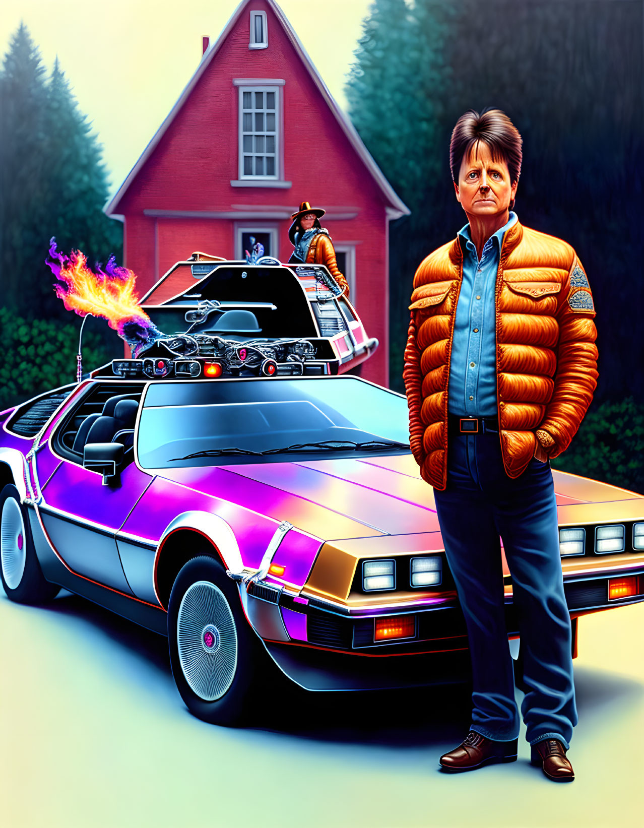 Man in Red Vest and Denim Jacket by Silver Car with Futuristic Lights and Flames