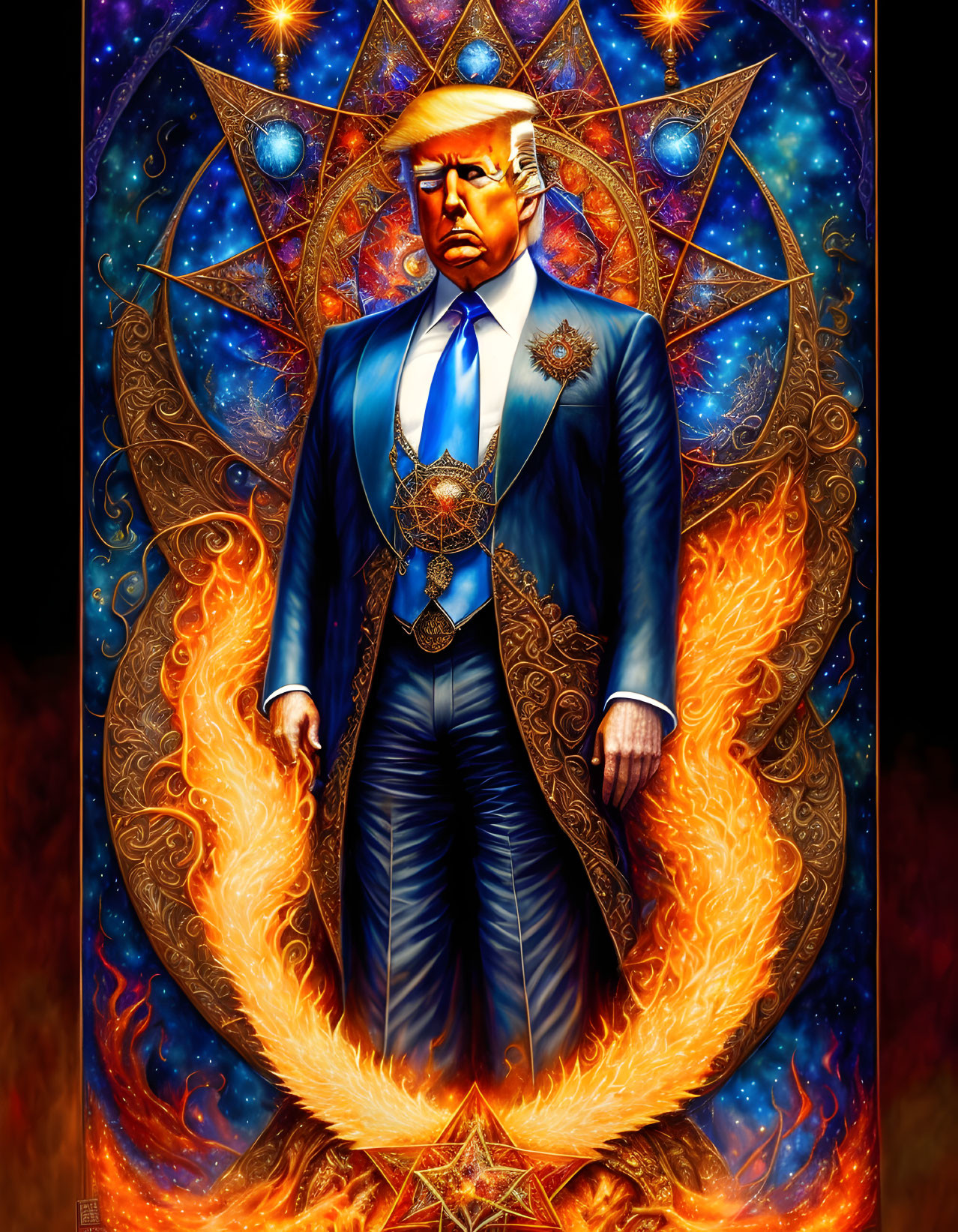 Stylized man in blue suit with cosmic backdrop