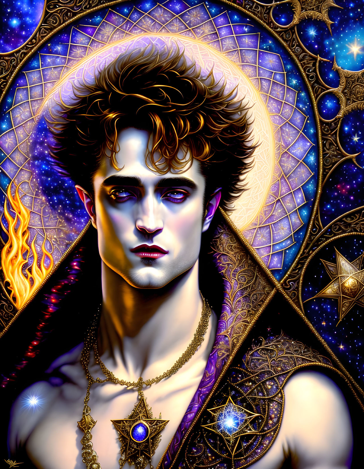 Stylized portrait of pale-skinned male figure with intense eyes and cosmic background