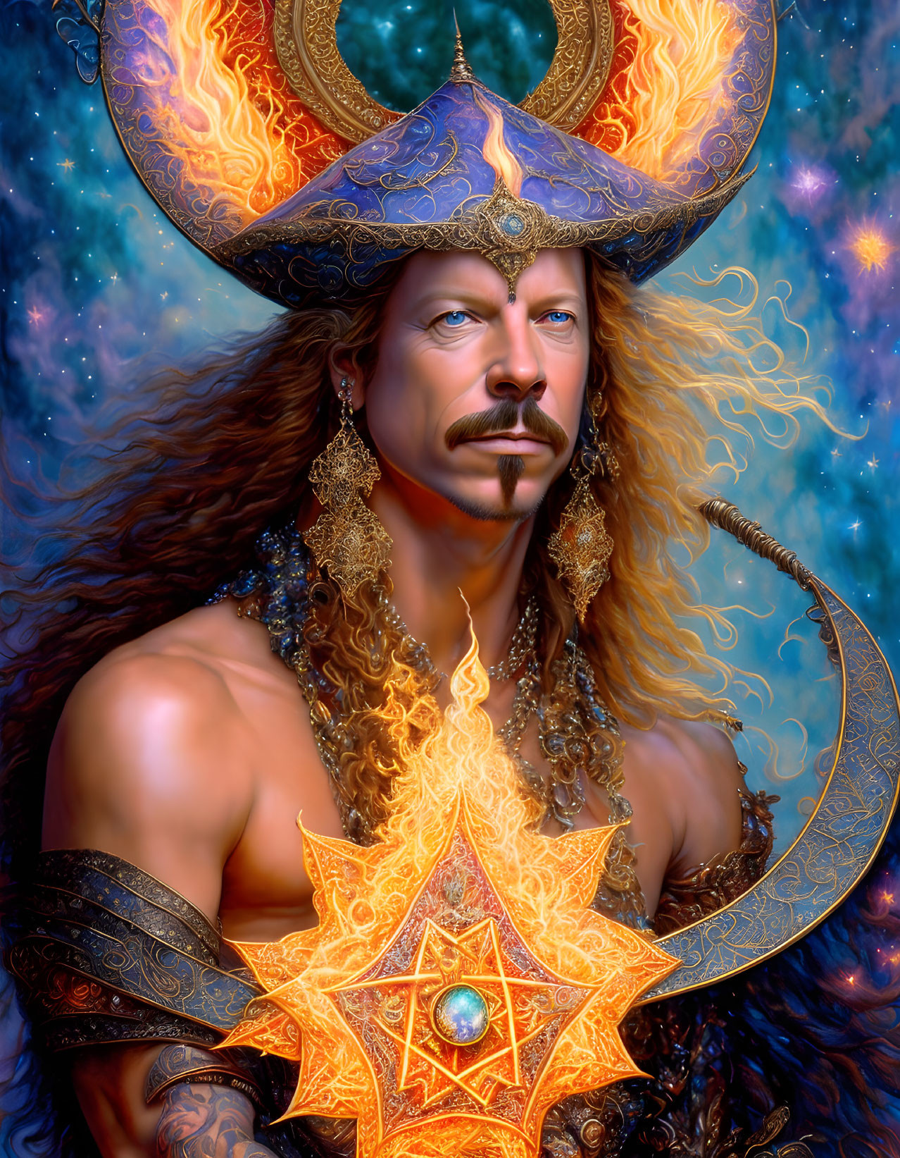 Fantasy portrait of man with mustache in armor and star amulet