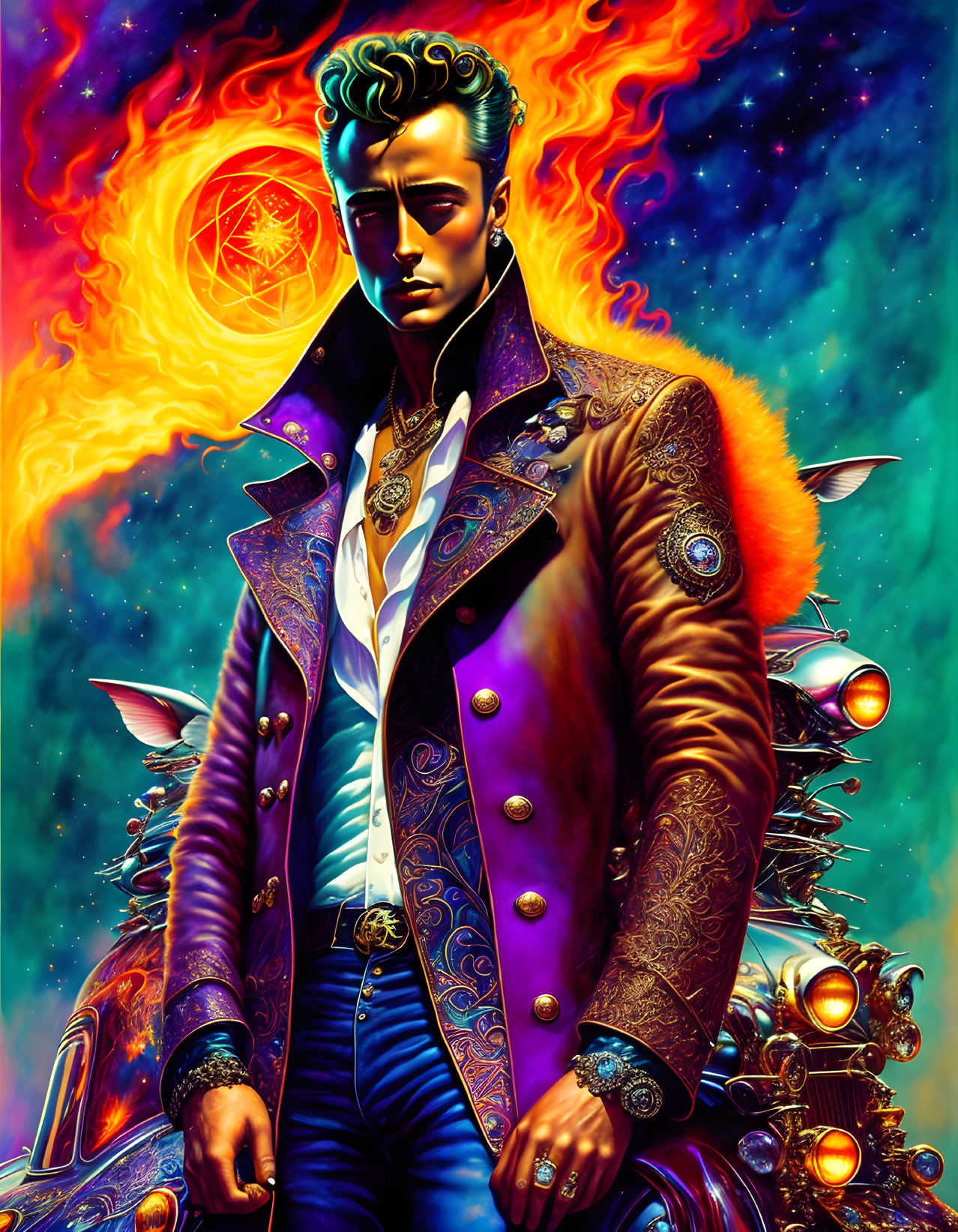 Stylish man in ornate jacket against cosmic backdrop