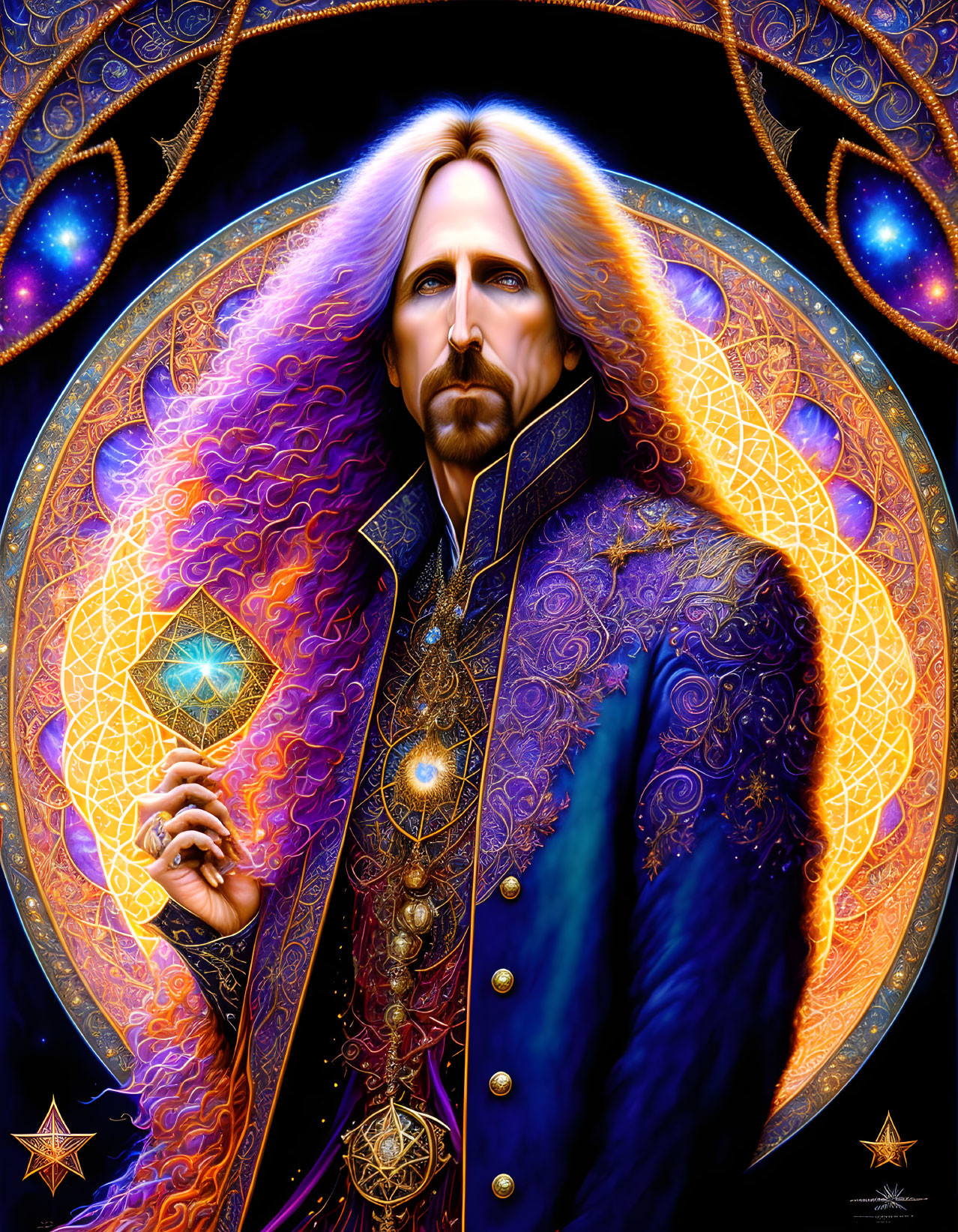 Illustrated person with long white hair in blue coat holding glowing blue gem