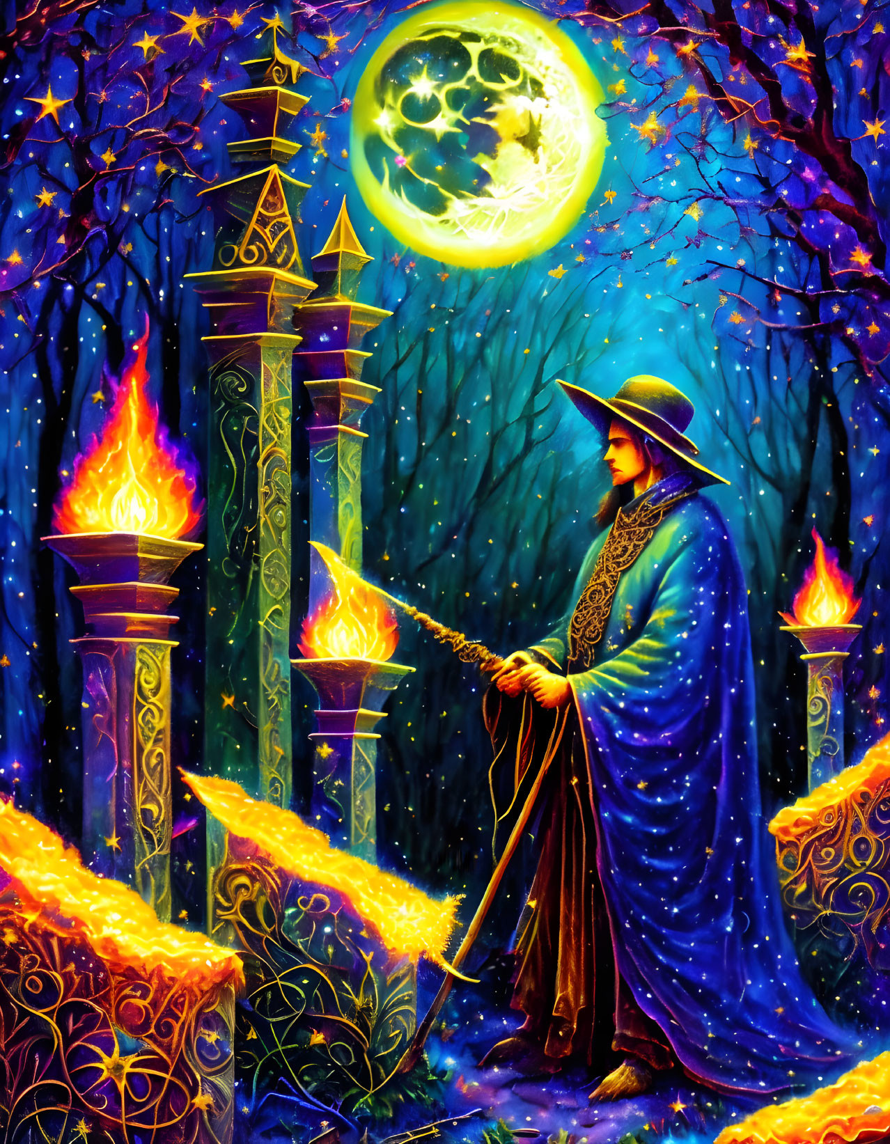 Mystical cloaked figure in enchanted forest under full moon