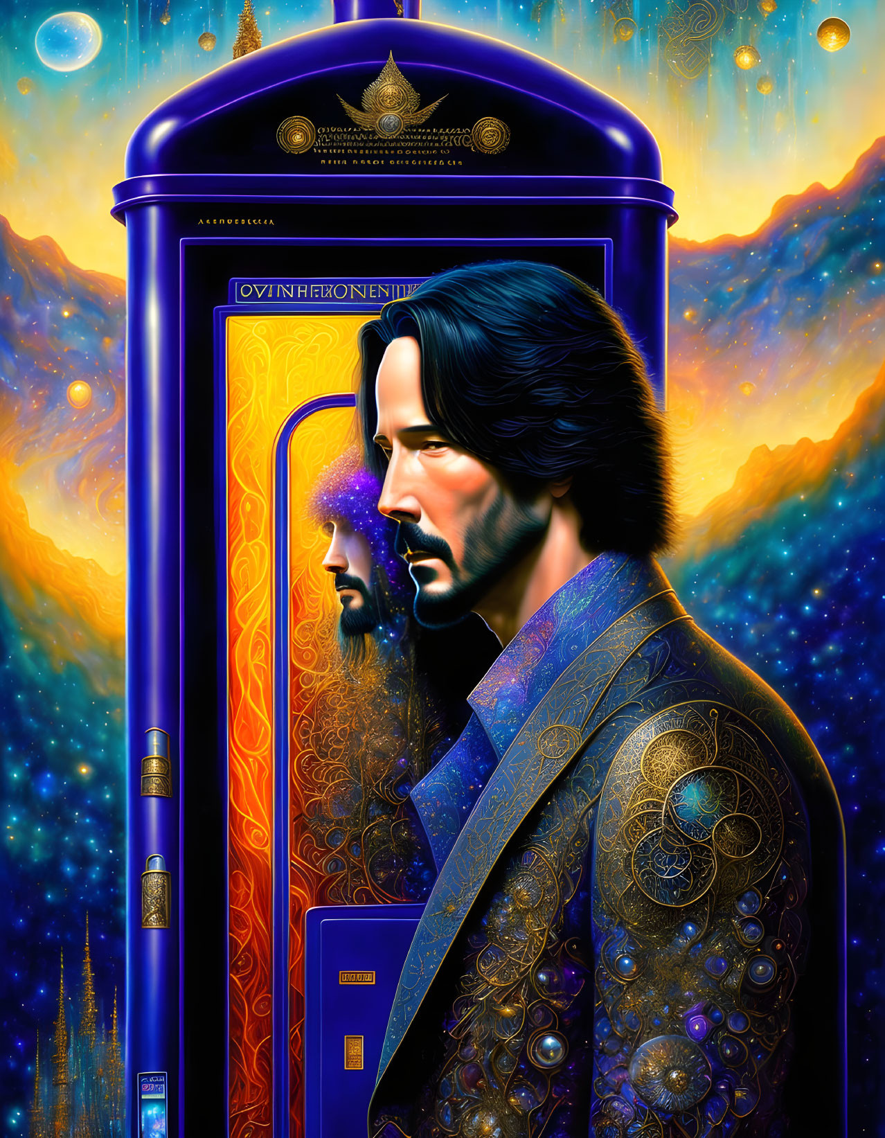 Colorful cosmic illustration: man with long hair and beard near stylized phone booth in surreal celestial setting