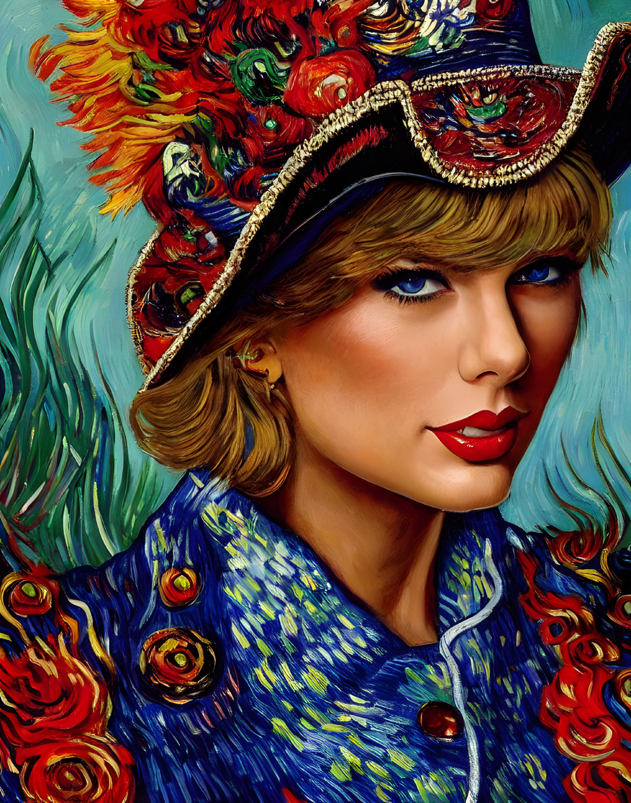 Stylized portrait of woman with blue eyes and floral hat on swirling Van Gogh-style background