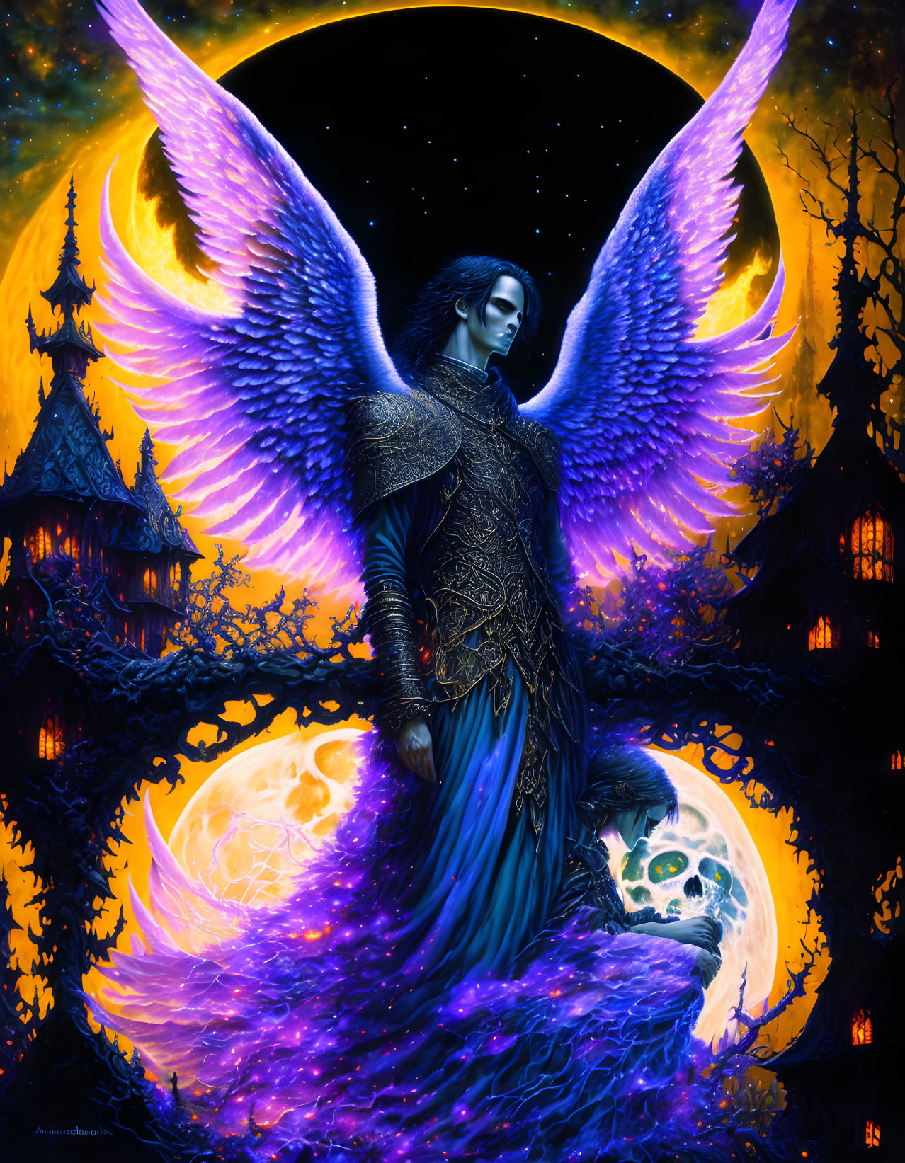 Fantastical creature with purple wings in front of moonlit haunted house