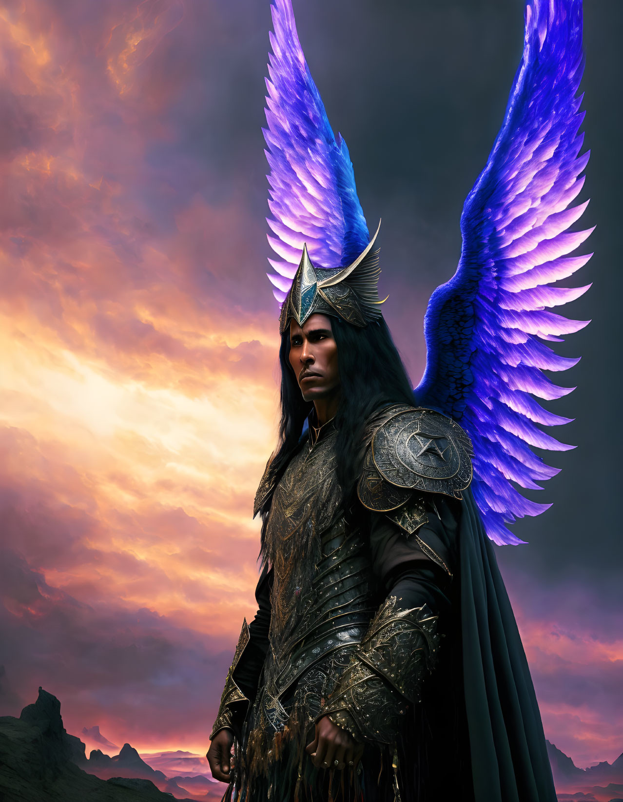 Majestic figure in blue feathered wings and dark armor against twilight sky