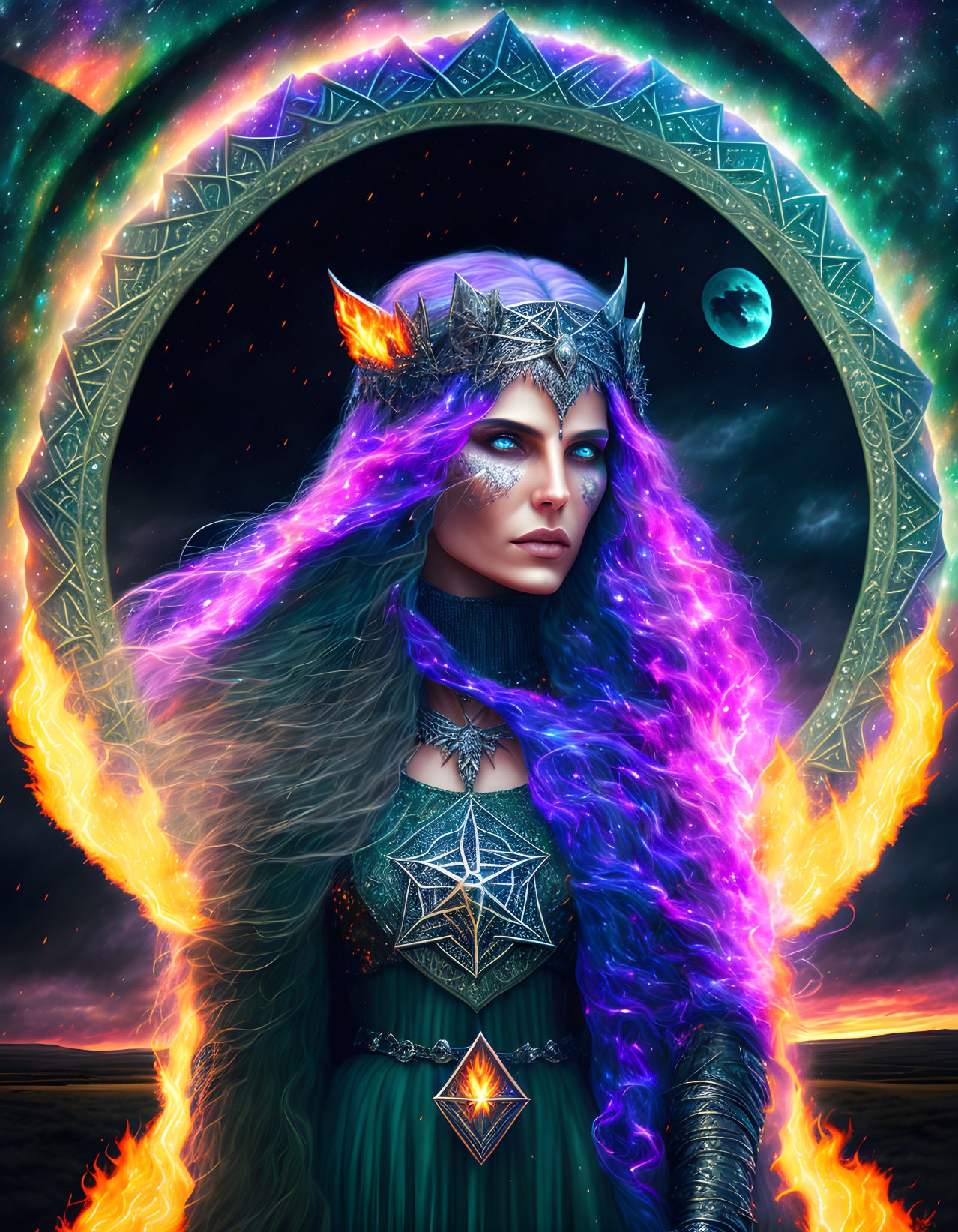 Mystical woman with fiery purple energy hair and celestial crown