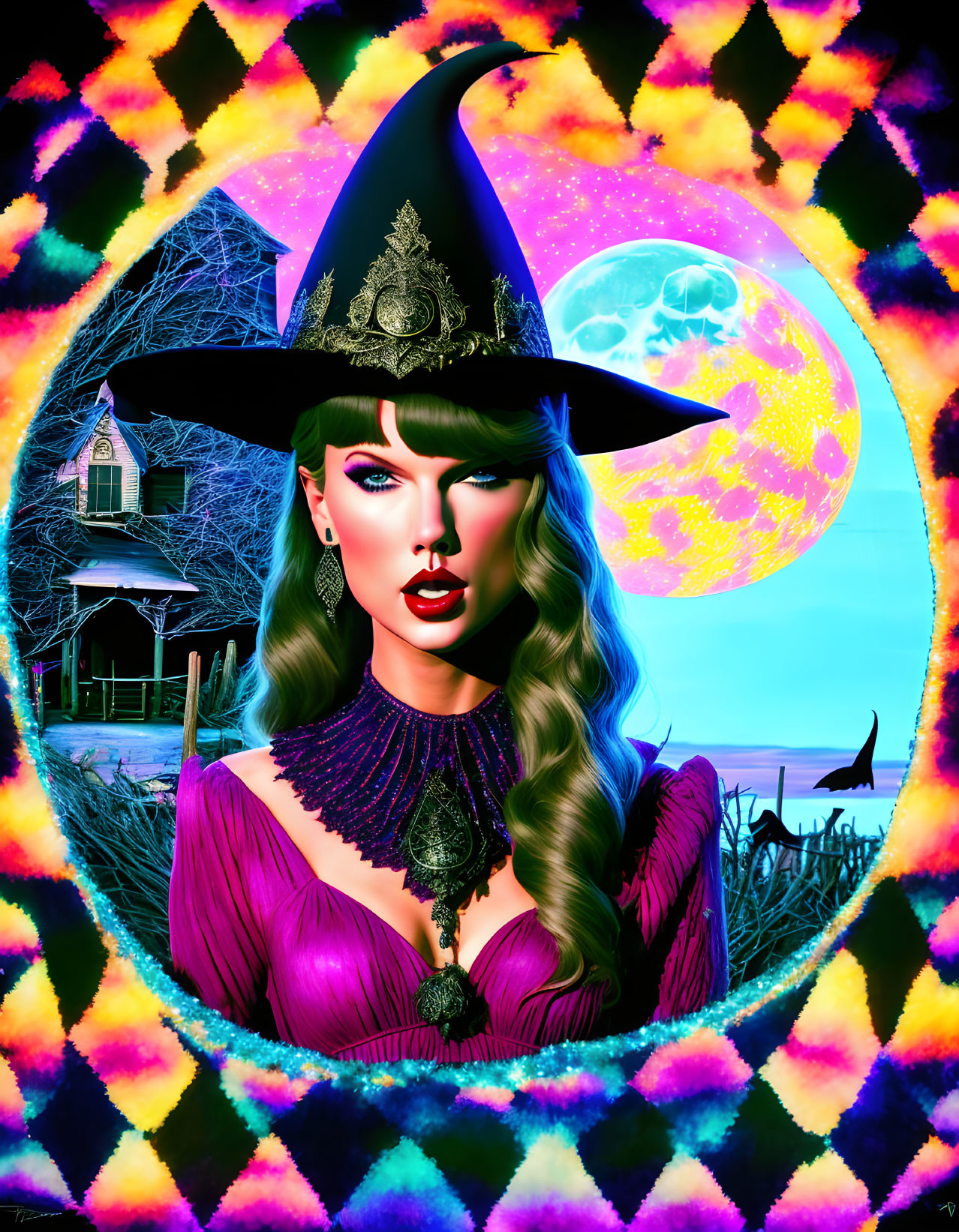 Stylized witch illustration with purple outfit, hat, haunted house, full moon, and cat