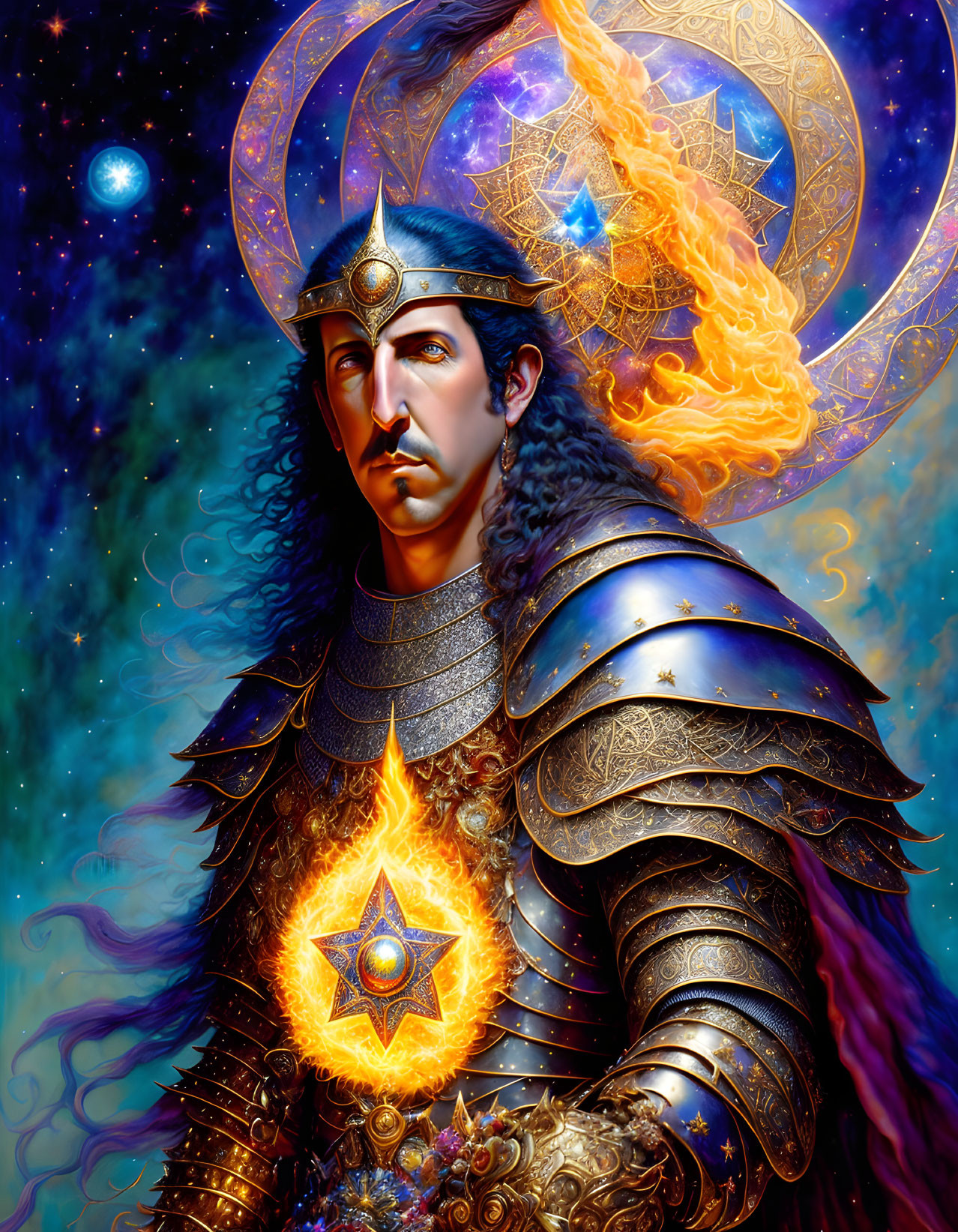 Fantastical warrior in cosmic armor against starry space.