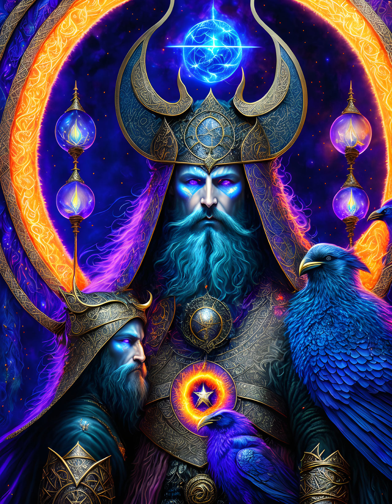 Colorful Artwork: Majestic Figure in Ornate Armor with Glowing Symbols