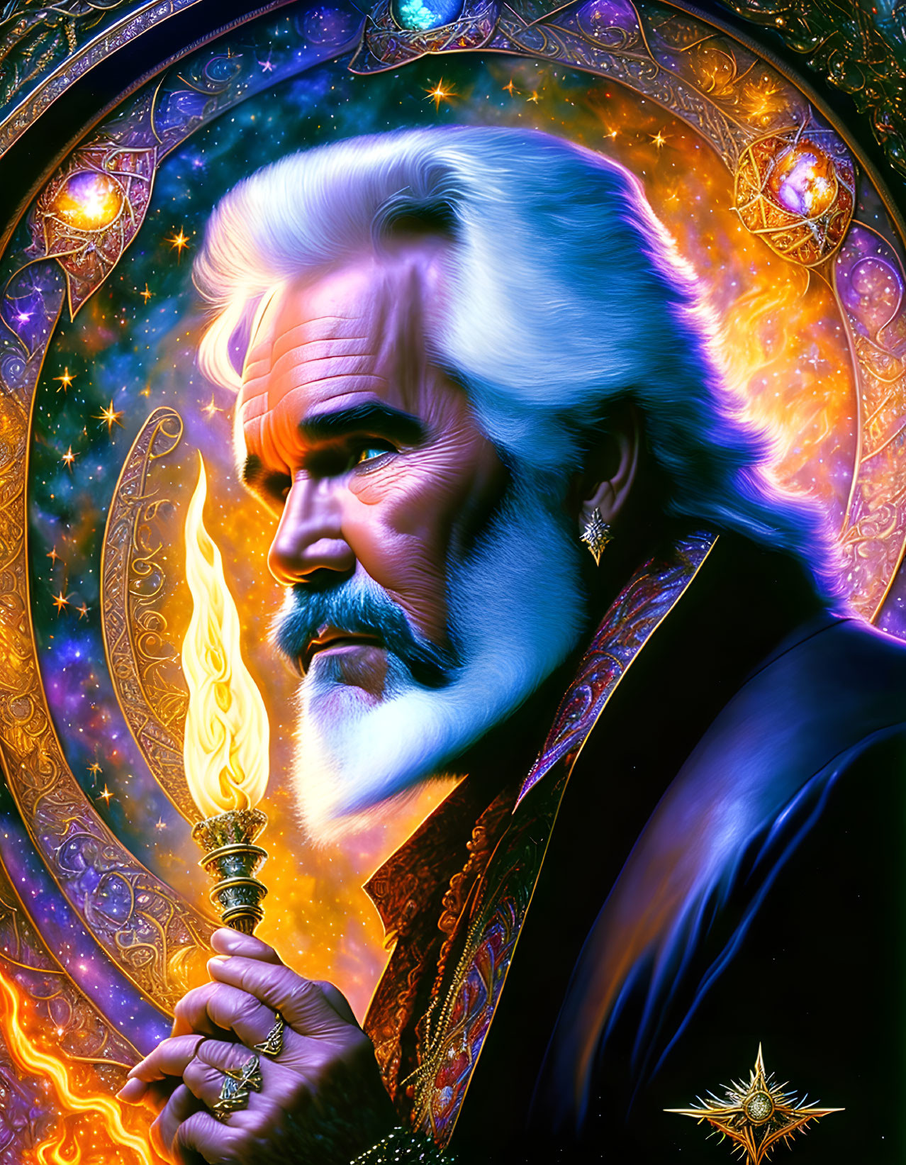 Bearded man with blue eyes holding torch in cosmic setting