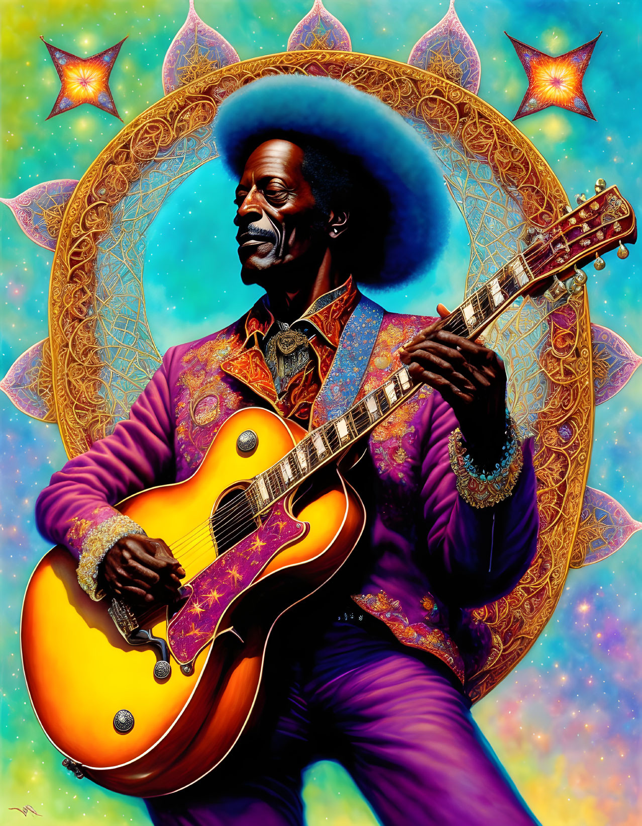 Colorful Illustration of Stylish Man Playing Electric Guitar